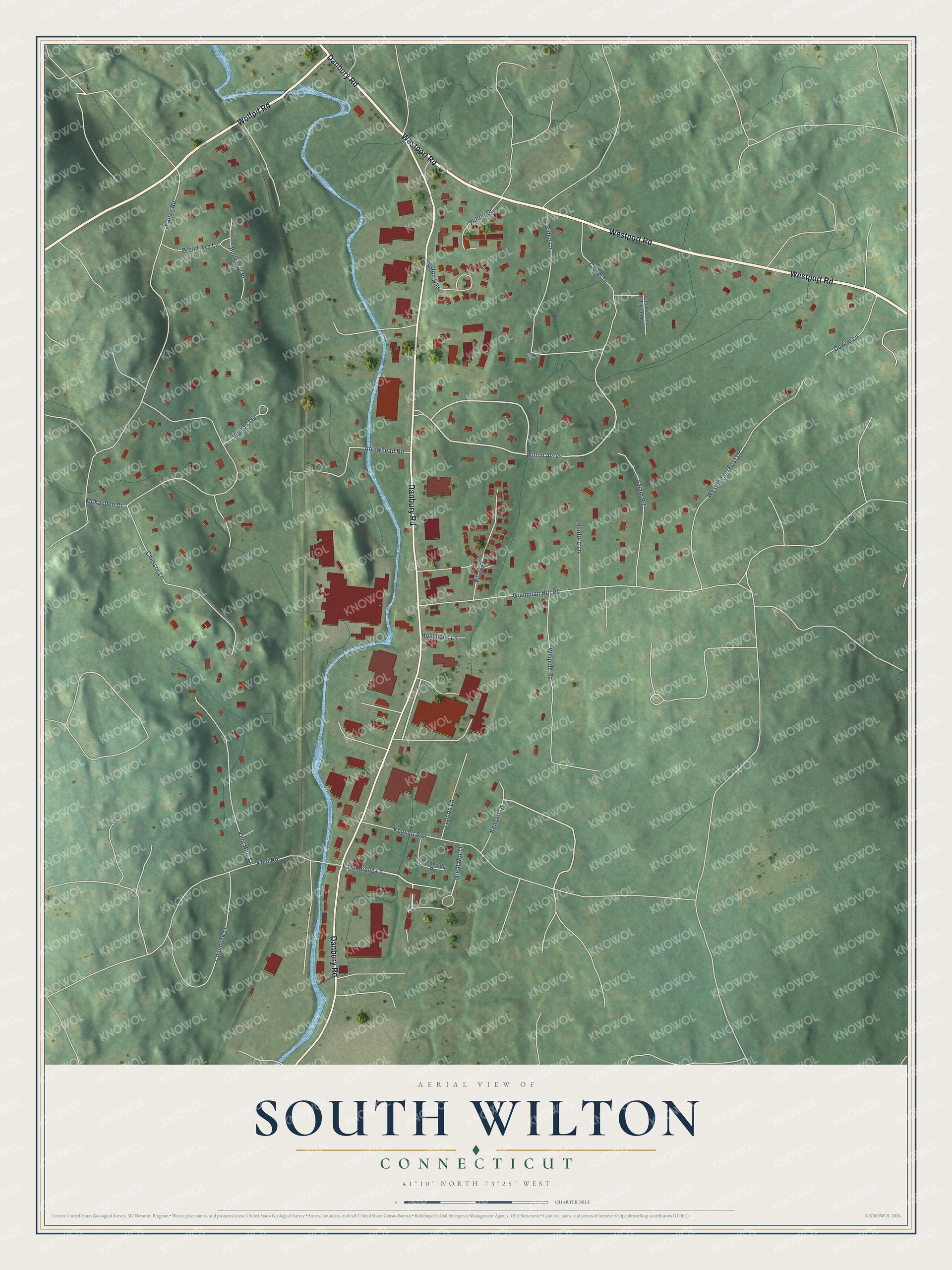 Full map of South Wilton, Connecticut, with red buildings, printed street names and the land around them