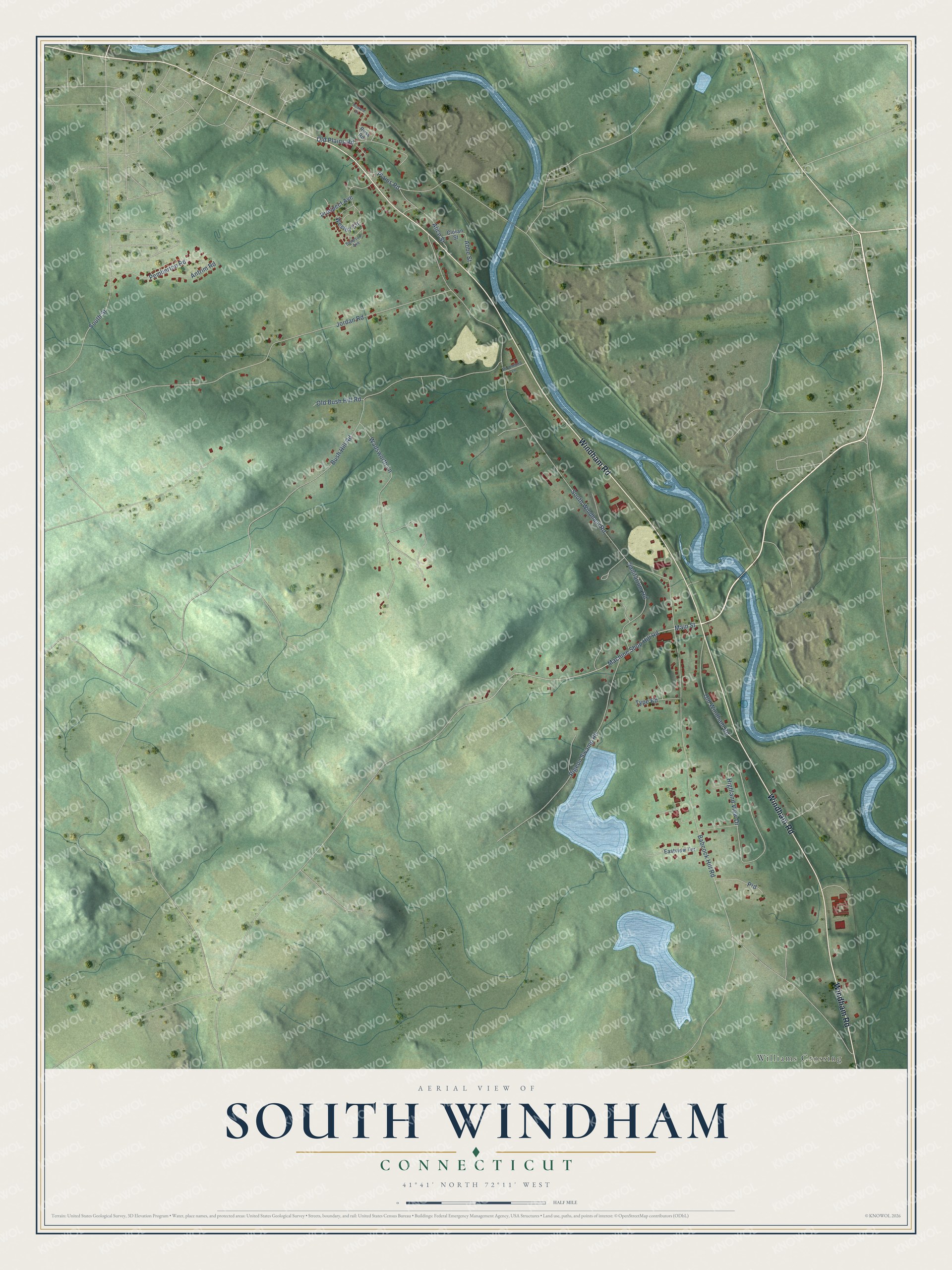 Full map of South Windham, Connecticut, with red buildings, printed street names and the land around them