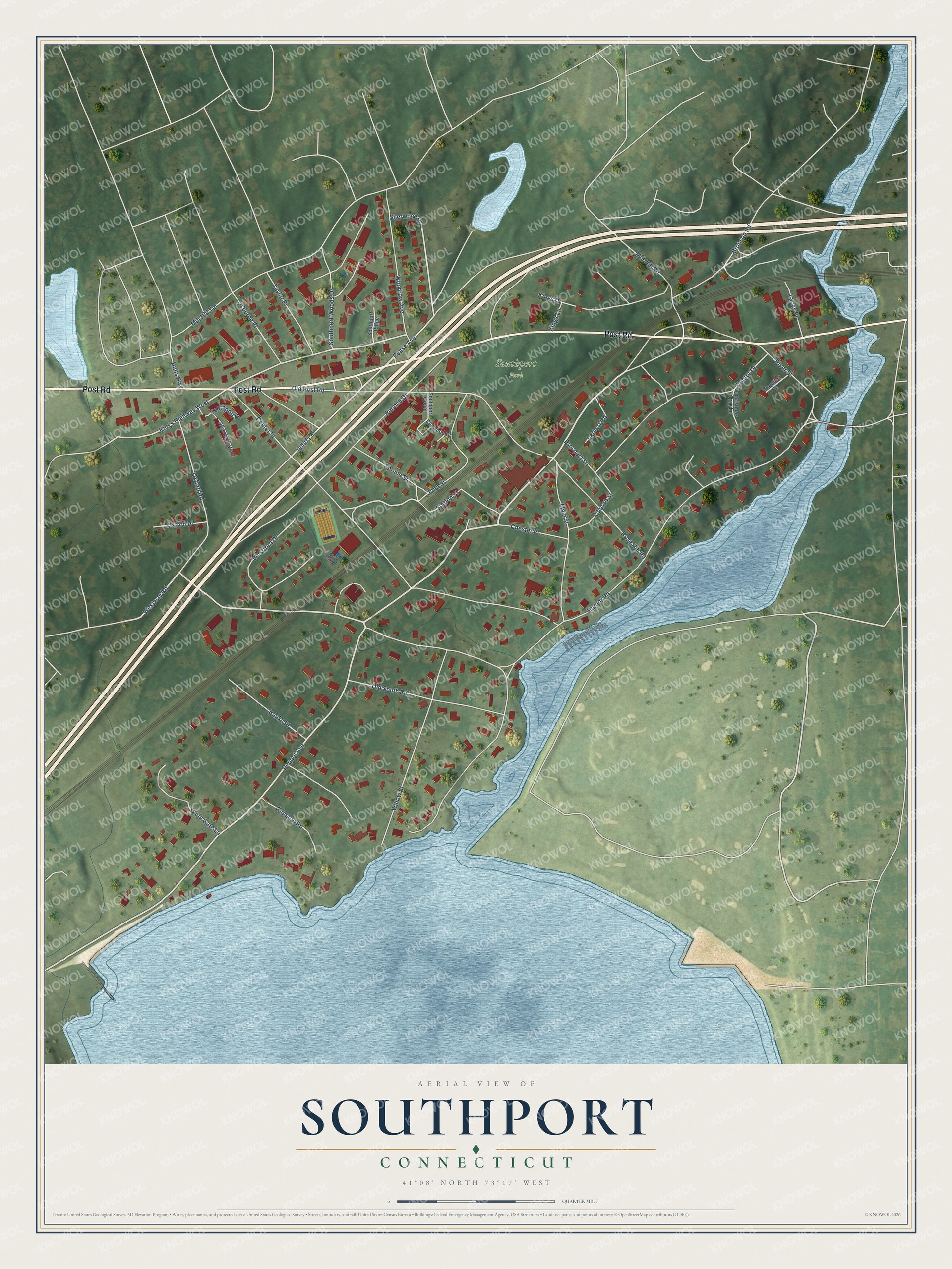 Full map of Southport, Connecticut, with red buildings, printed street names and the land around them