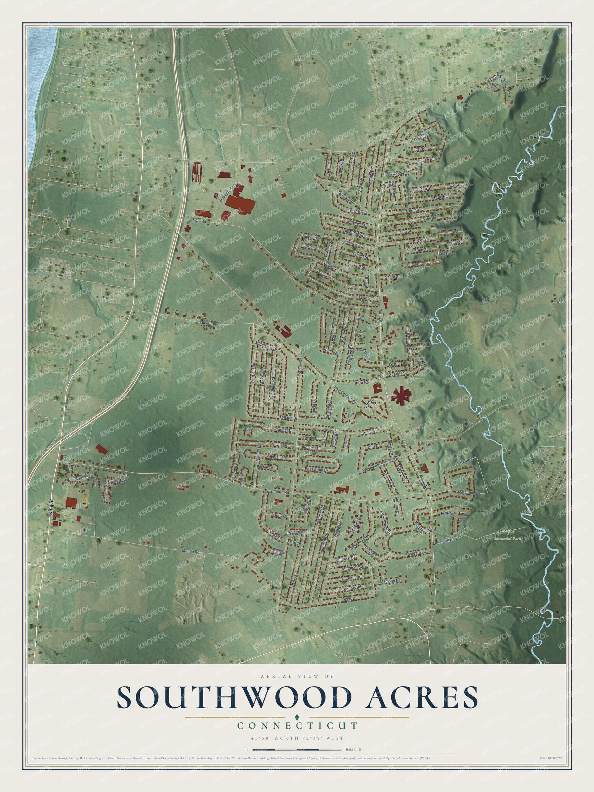 Full map of Southwood Acres, Connecticut, with red buildings, printed street names and the land around them