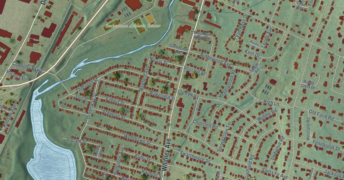 Close-up of streets and buildings in Spring Glen, Connecticut