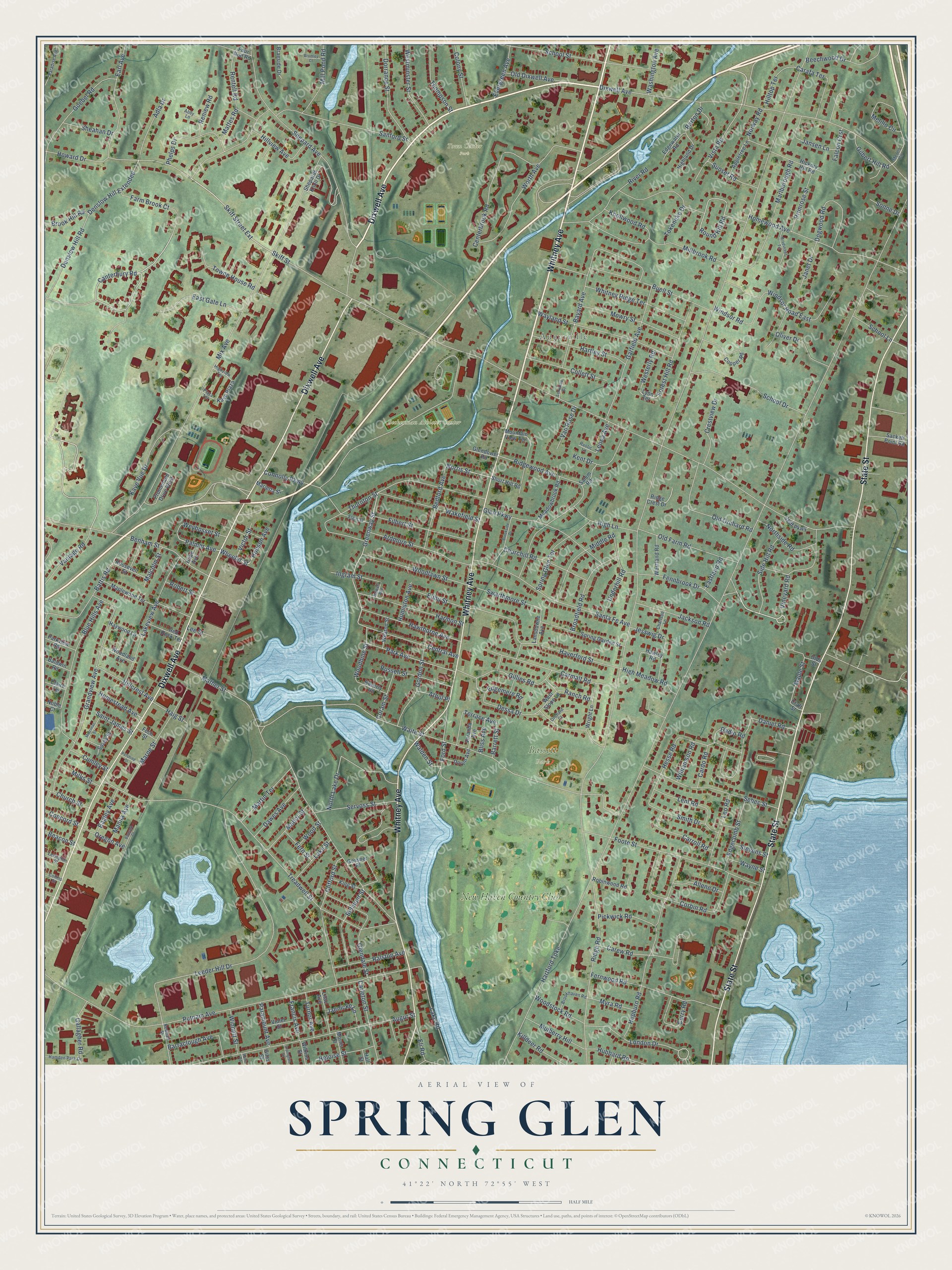 Full map of Spring Glen, Connecticut, with red buildings, printed street names and the land around them