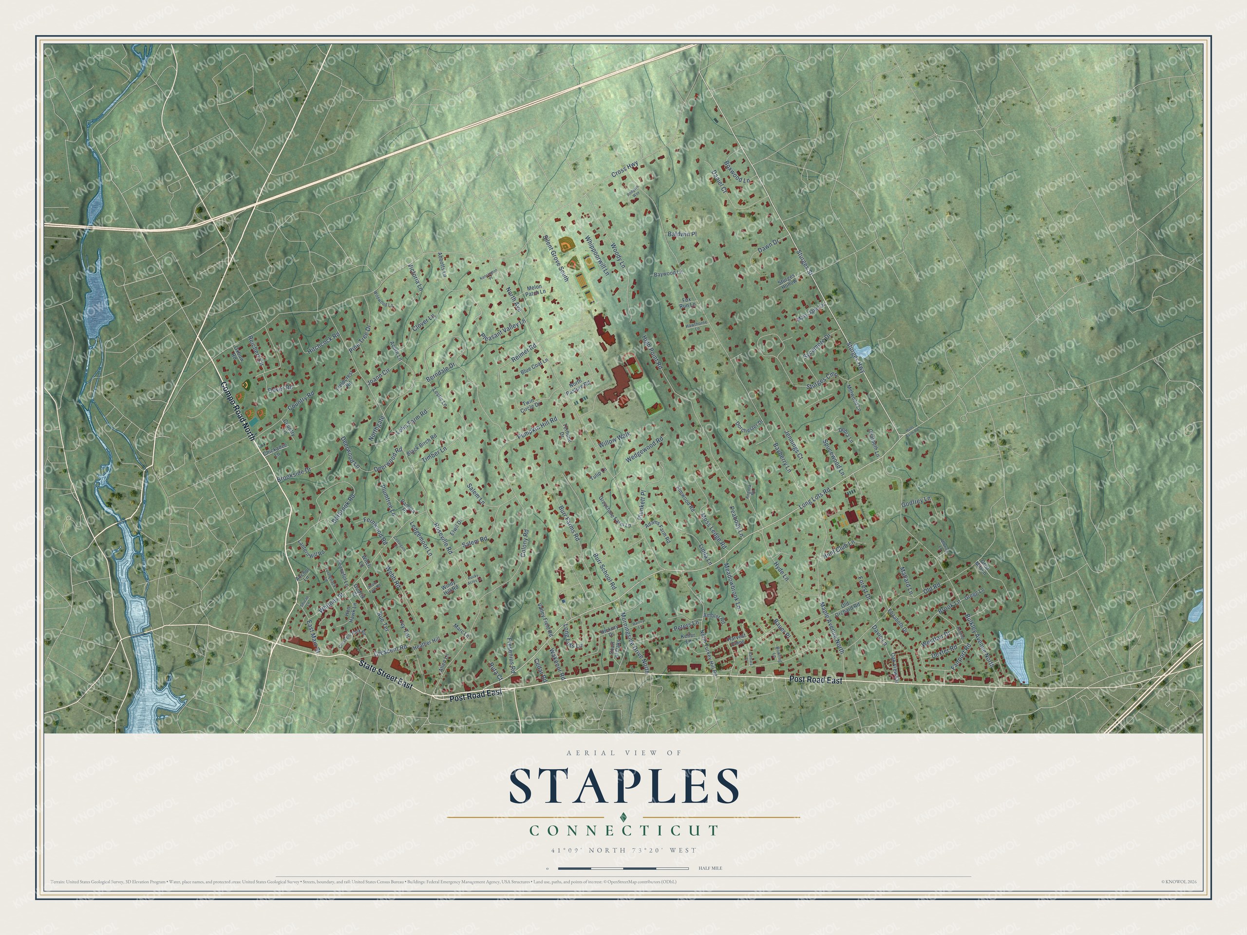 Full map of Staples, Connecticut, with red buildings, printed street names and the land around them