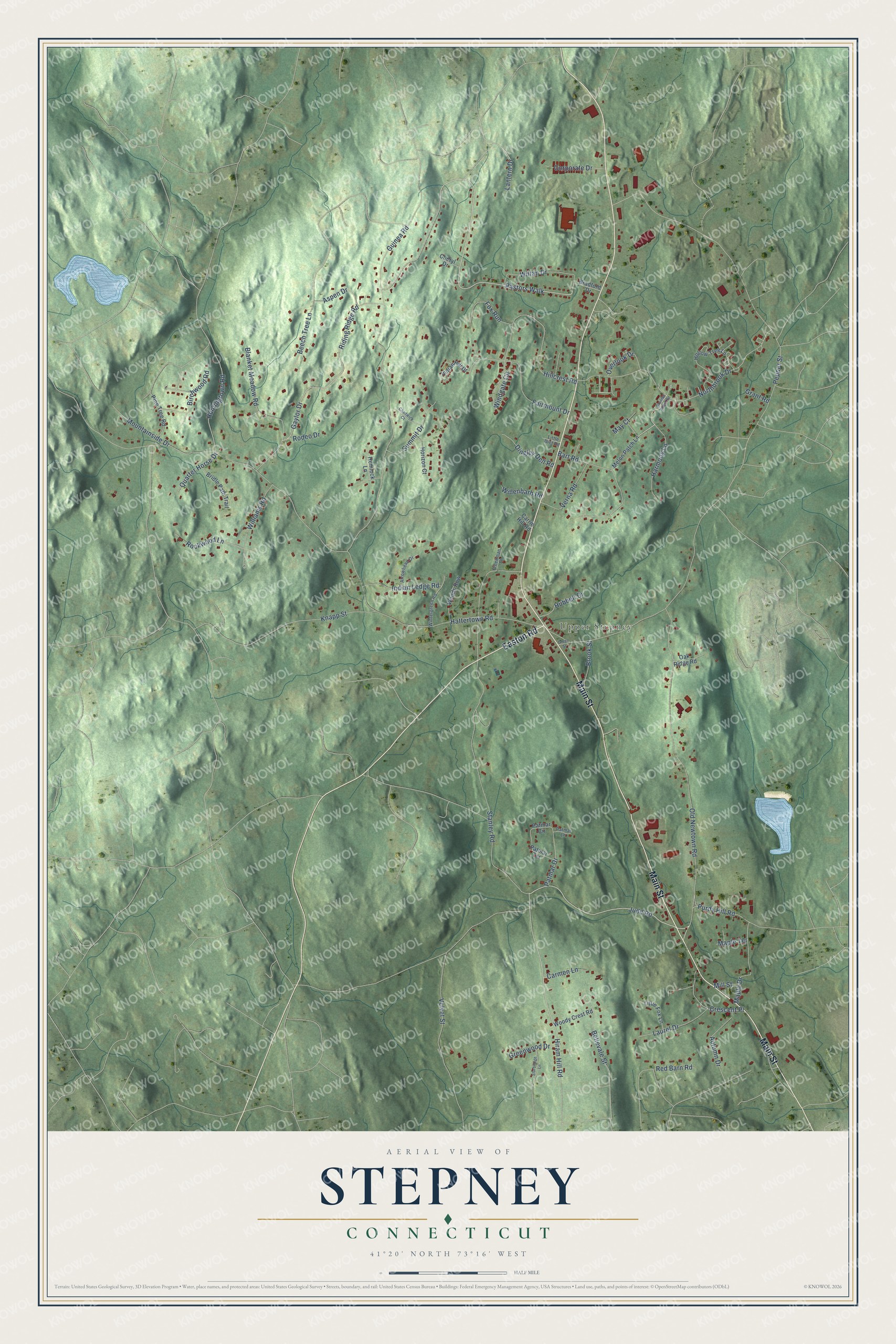 Full map of Stepney, Connecticut, with red buildings, printed street names and the land around them