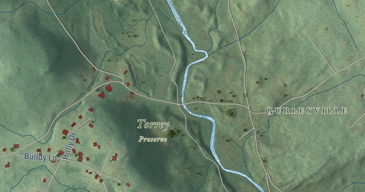 Close-up of streets and buildings in Storrs, Connecticut
