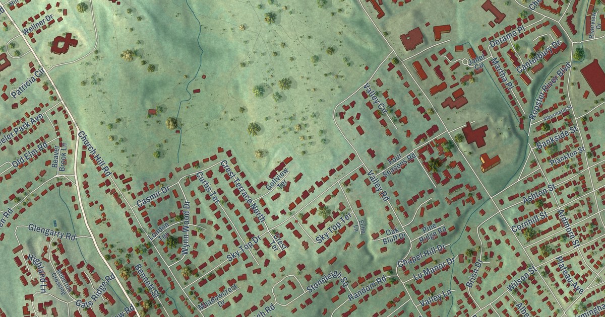 Close-up of streets and buildings in Stratfield, Connecticut