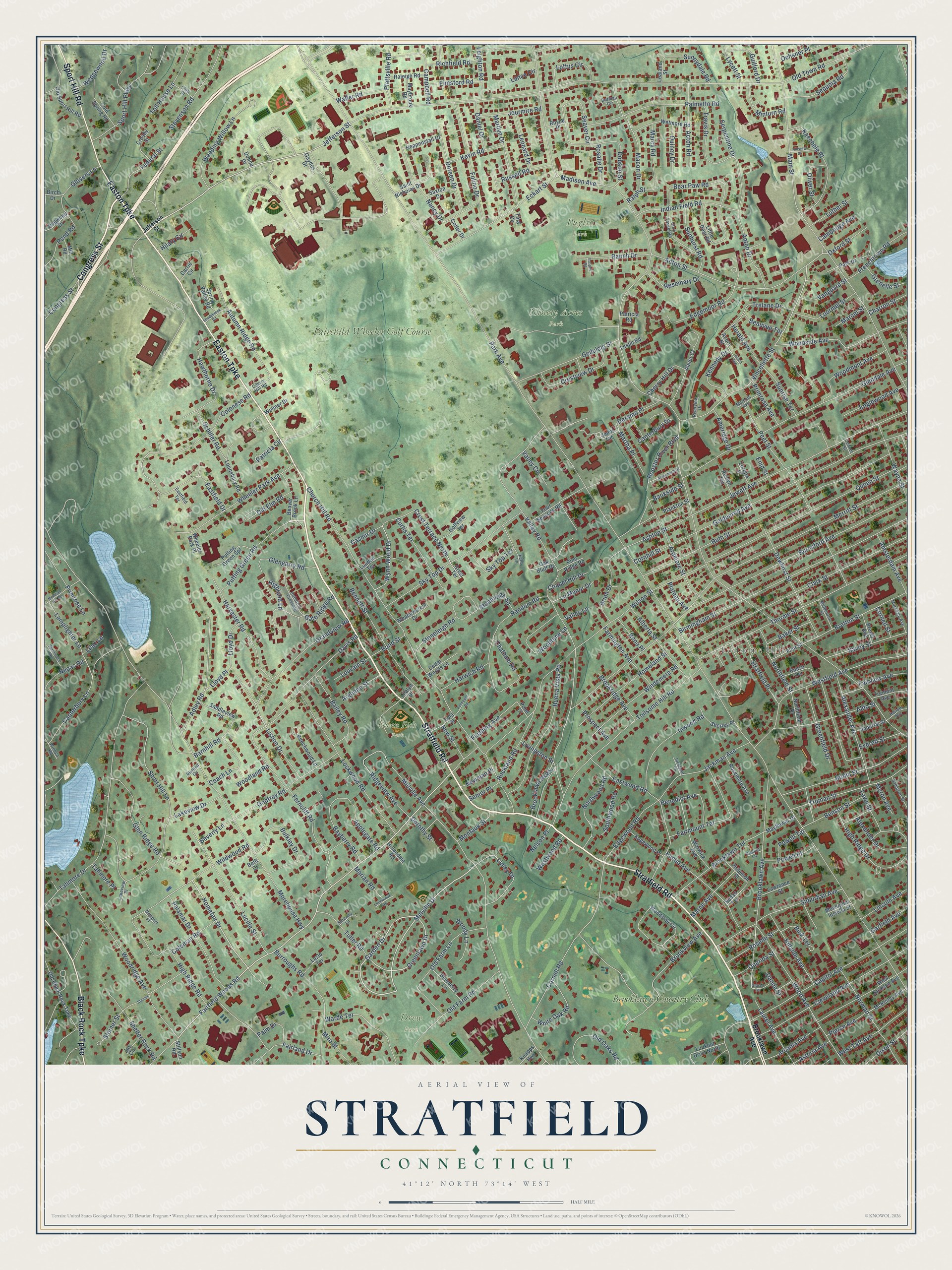 Full map of Stratfield, Connecticut, with red buildings, printed street names and the land around them