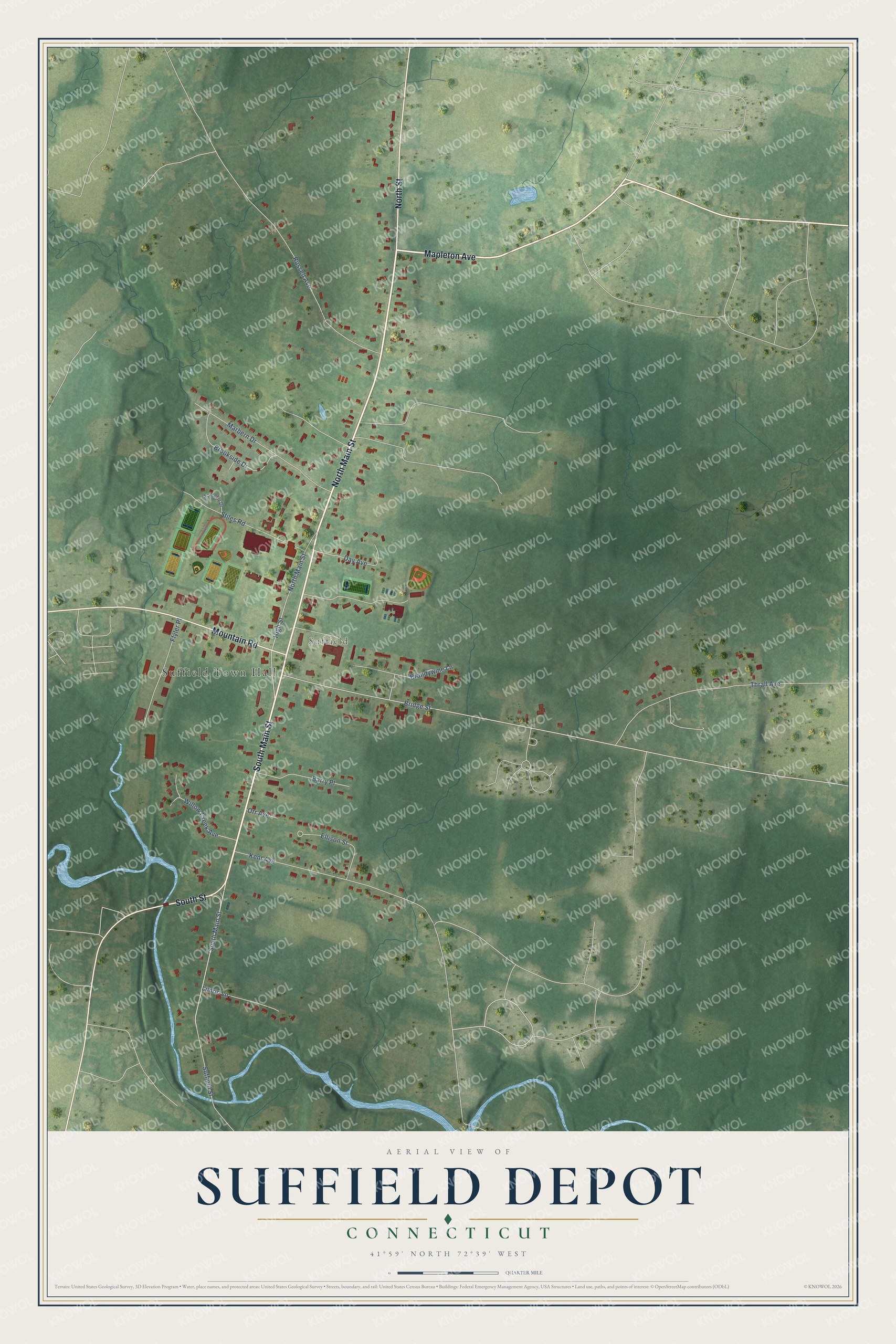 Full map of Suffield Depot, Connecticut, with red buildings, printed street names and the land around them