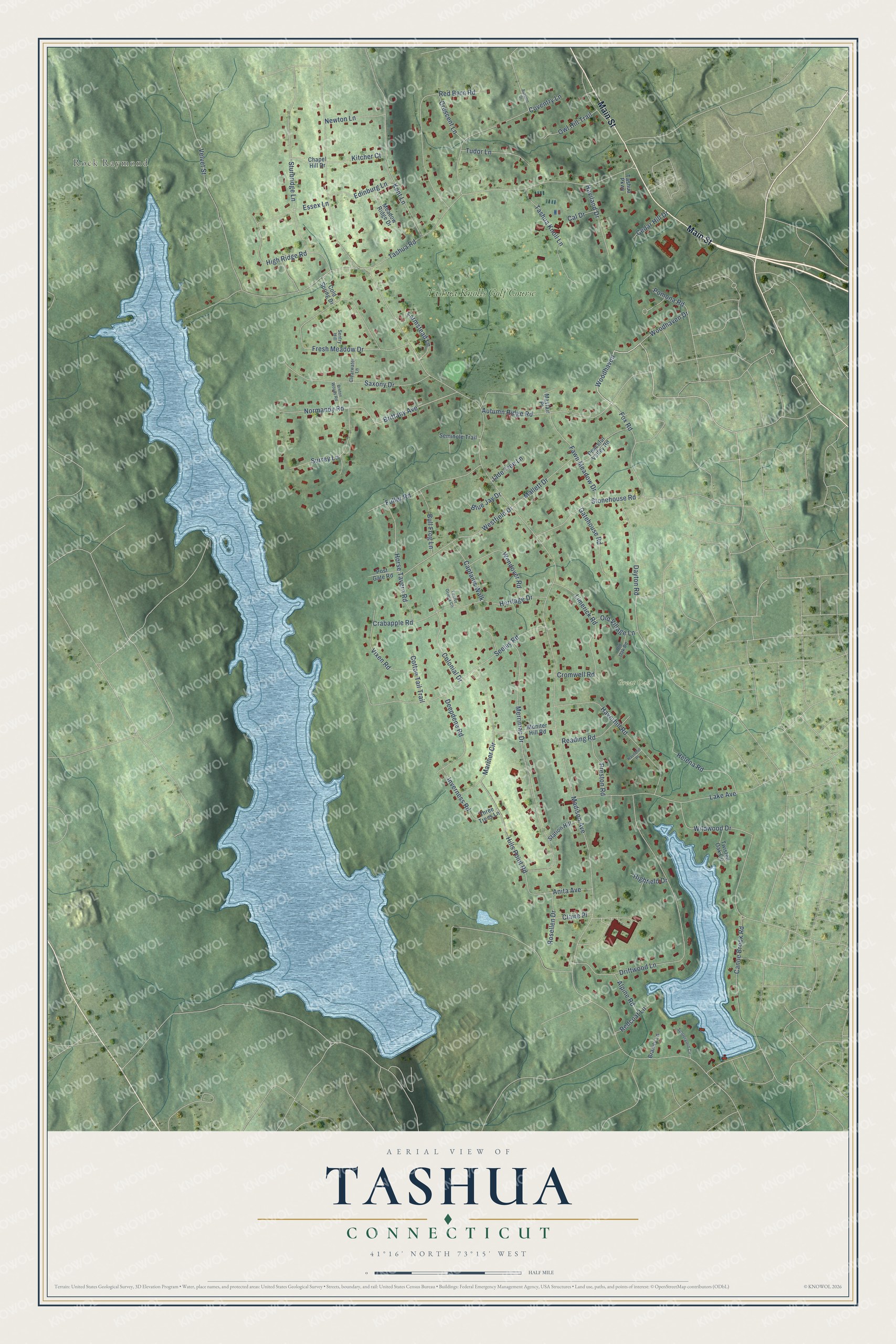Full map of Tashua, Connecticut, with red buildings, printed street names and the land around them