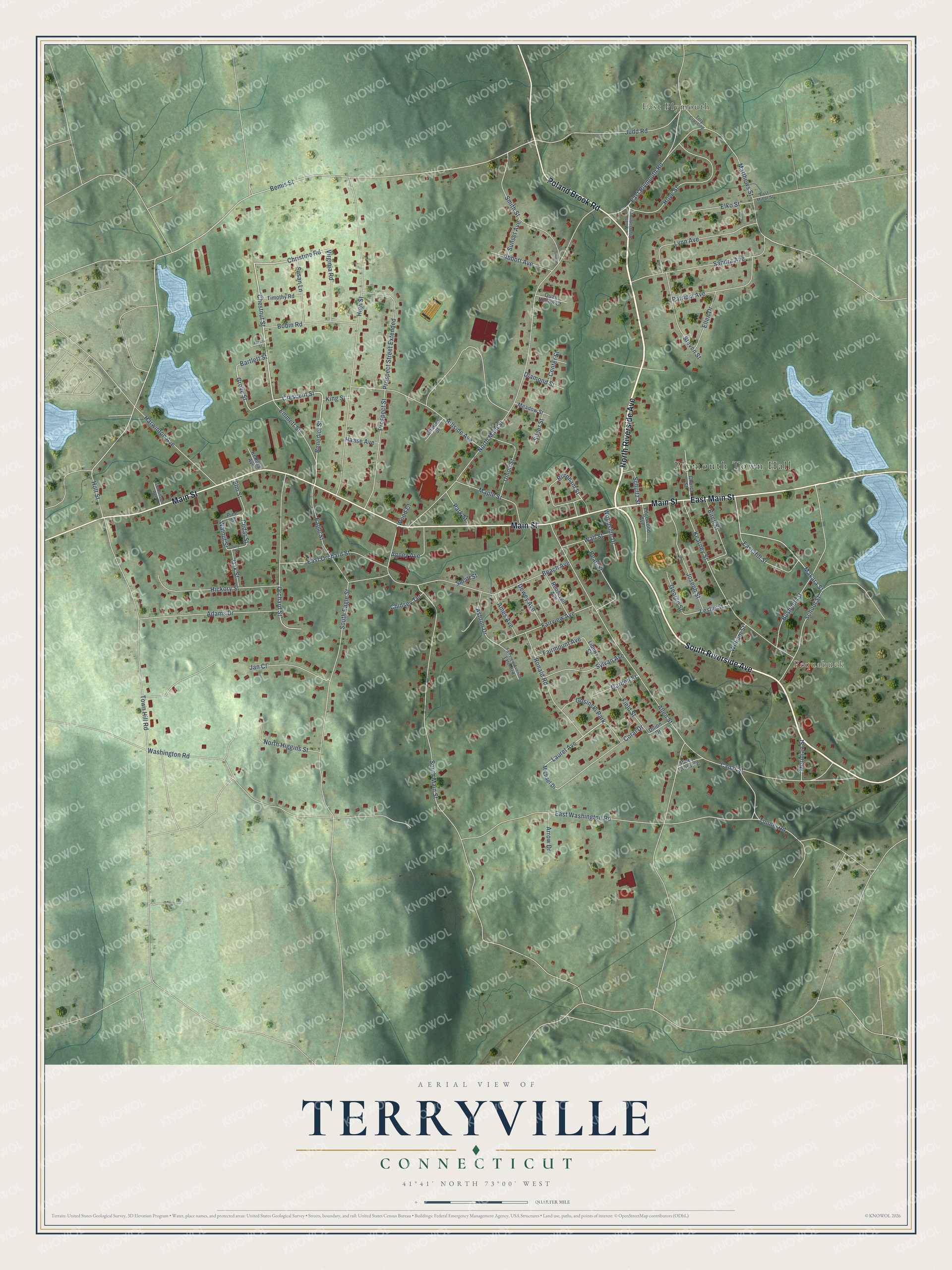 Full map of Terryville, Connecticut, with red buildings, printed street names and the land around them