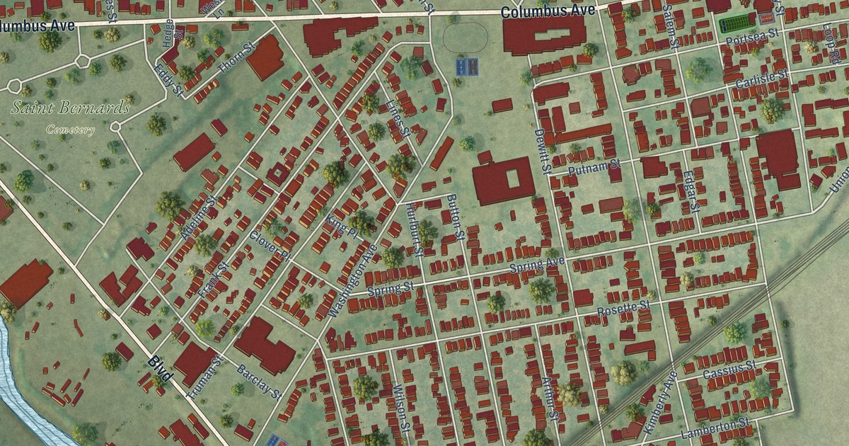 Close-up of streets and buildings in The Hill, Connecticut