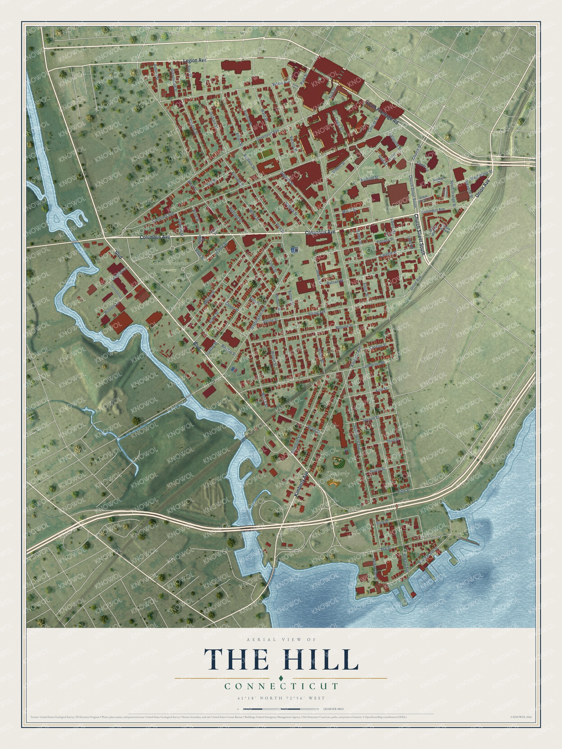 Full map of The Hill, Connecticut, with red buildings, printed street names and the land around them