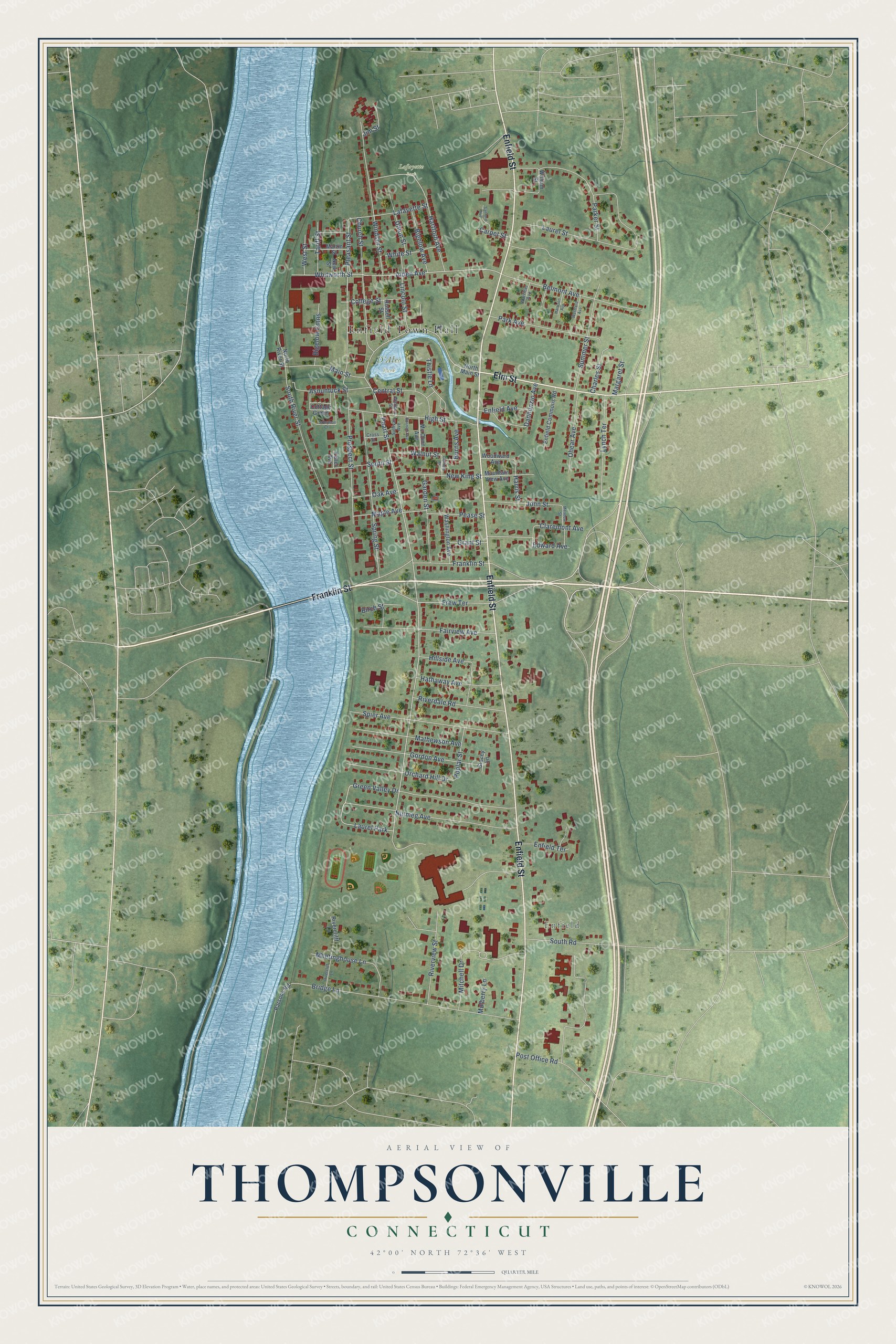 Full map of Thompsonville, Connecticut, with red buildings, printed street names and the land around them