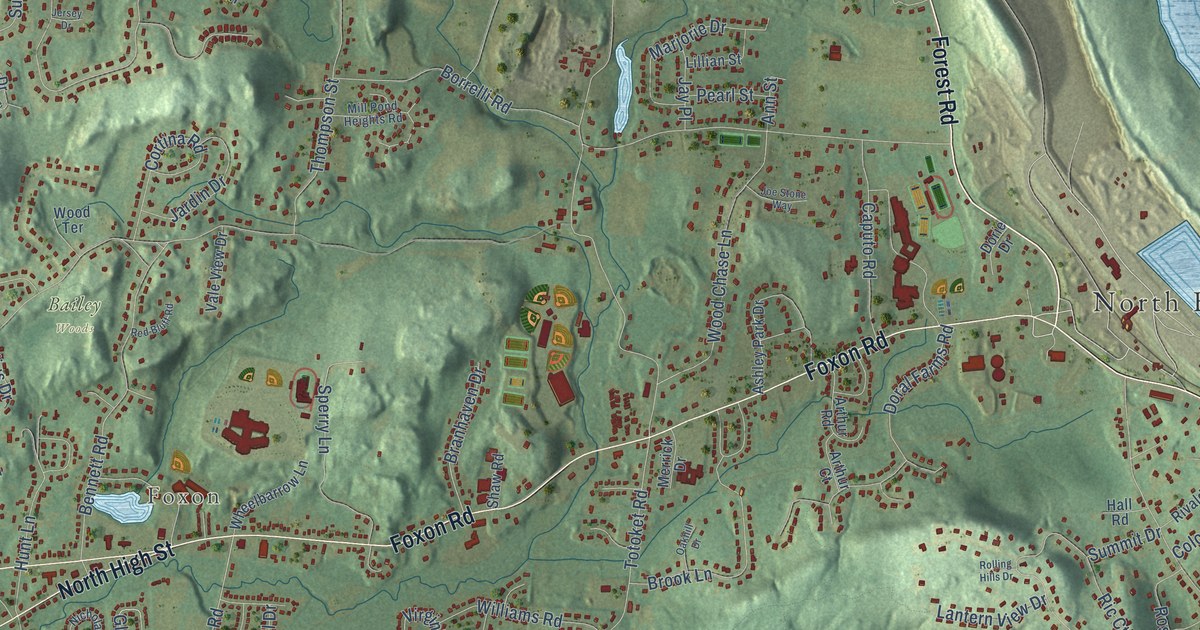 Close-up of streets and buildings in Totoket, Connecticut