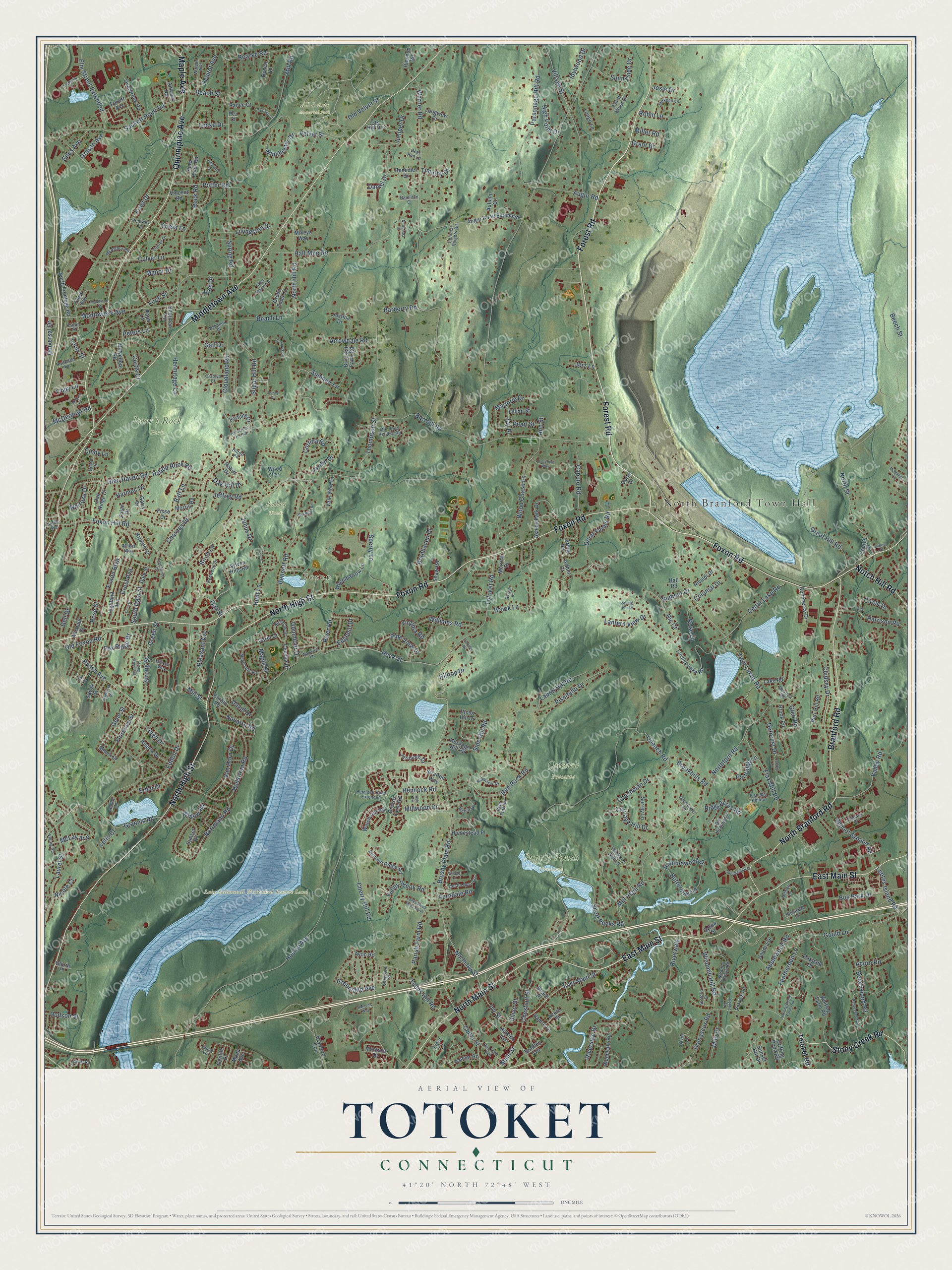 Full map of Totoket, Connecticut, with red buildings, printed street names and the land around them