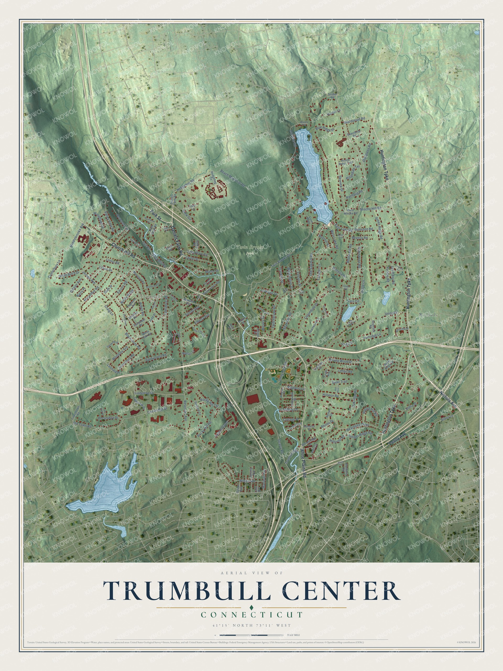 Full map of Trumbull Center, Connecticut, with red buildings, printed street names and the land around them