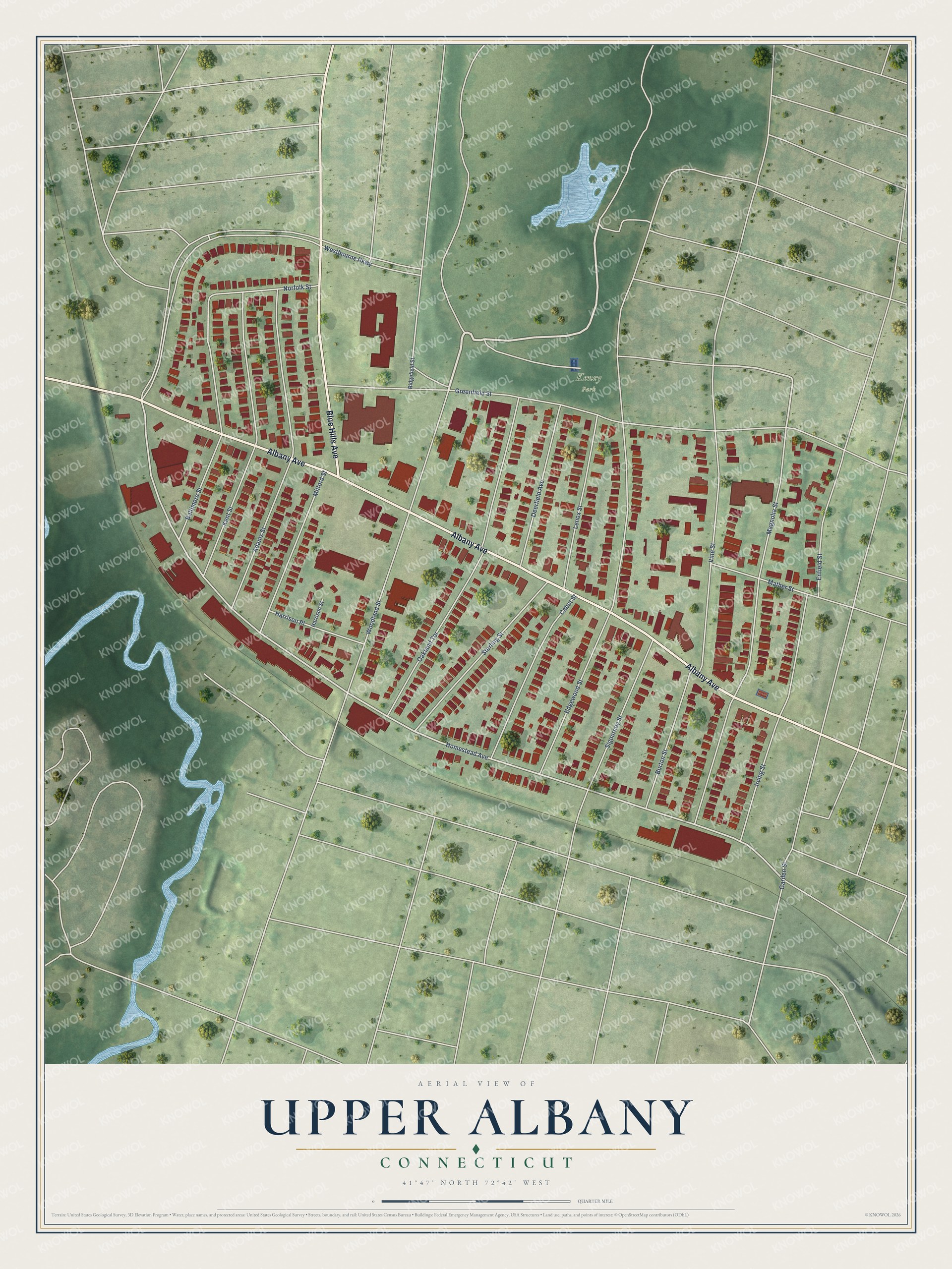 Full map of Upper Albany, Connecticut, with red buildings, printed street names and the land around them