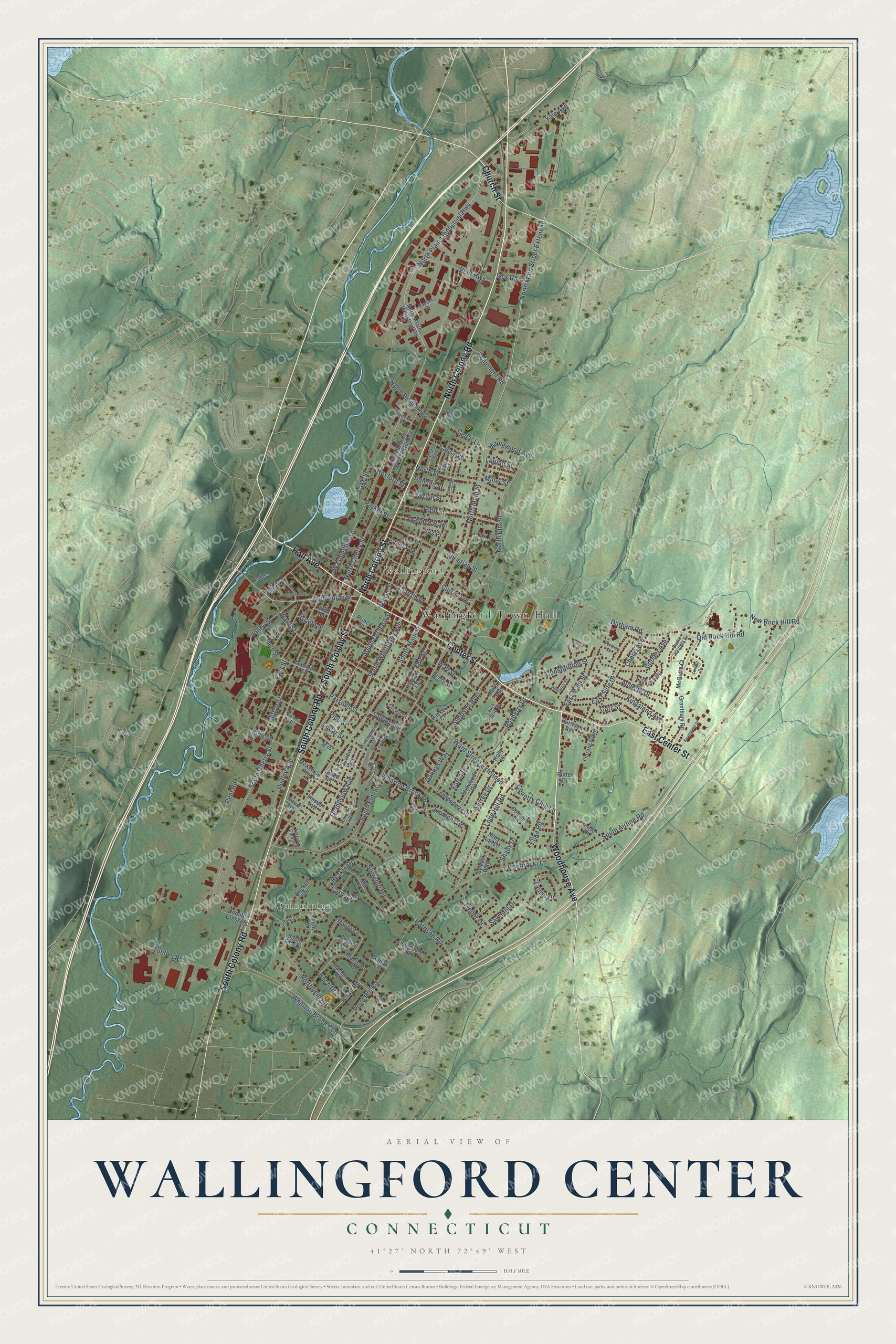 Full map of Wallingford Center, Connecticut, with red buildings, printed street names and the land around them