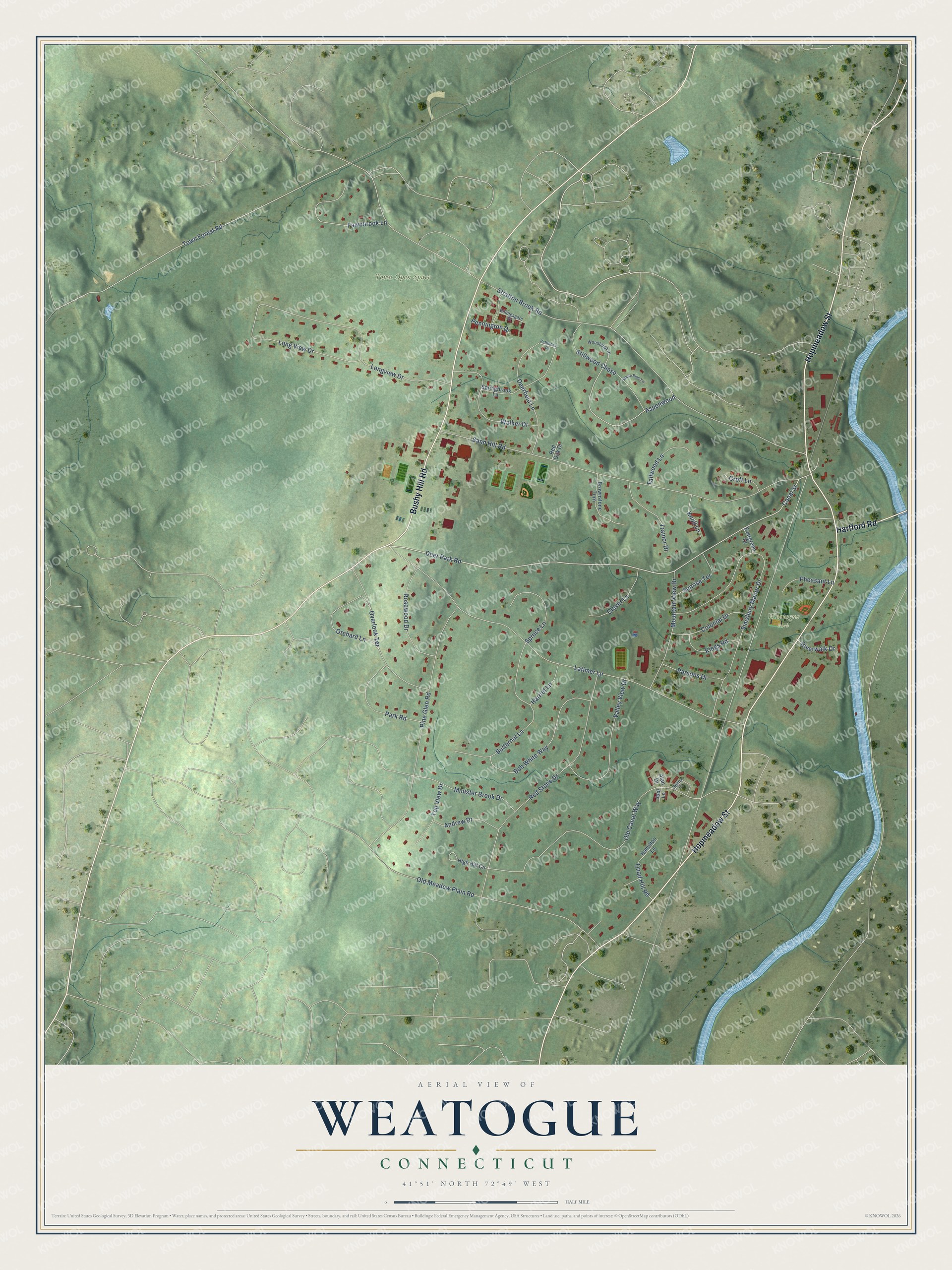 Full map of Weatogue, Connecticut, with red buildings, printed street names and the land around them
