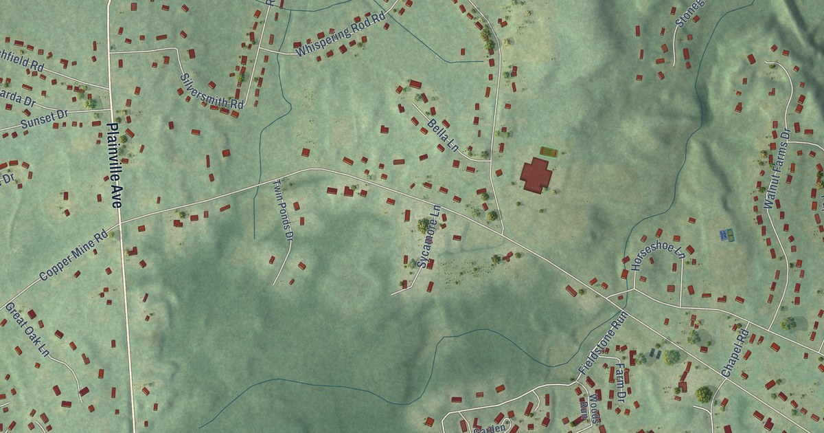 Close-up of streets and buildings in West District, Connecticut