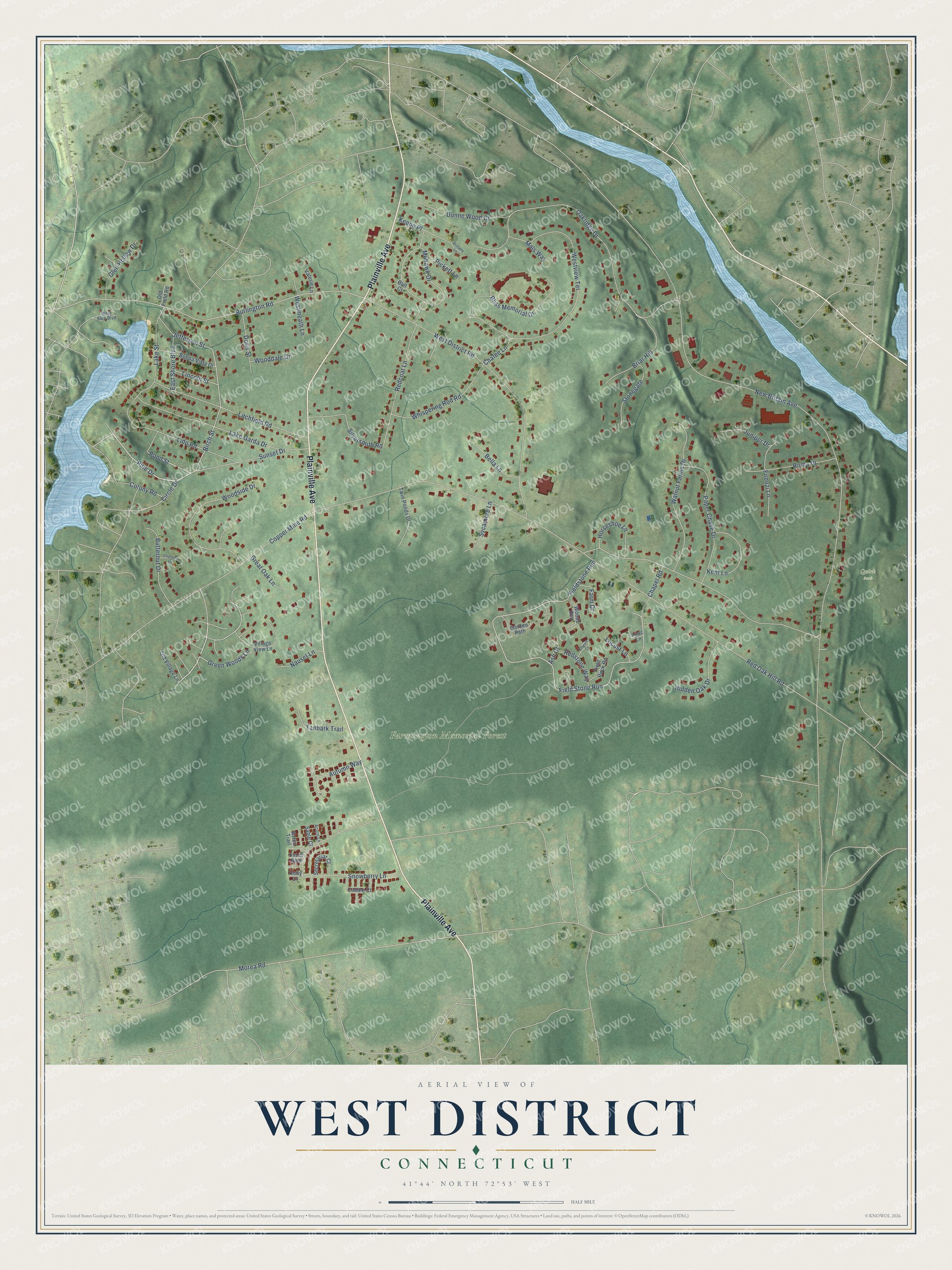Full map of West District, Connecticut, with red buildings, printed street names and the land around them