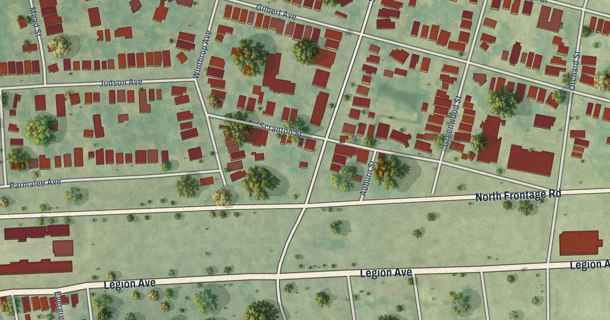 Close-up of streets and buildings in West River, Connecticut