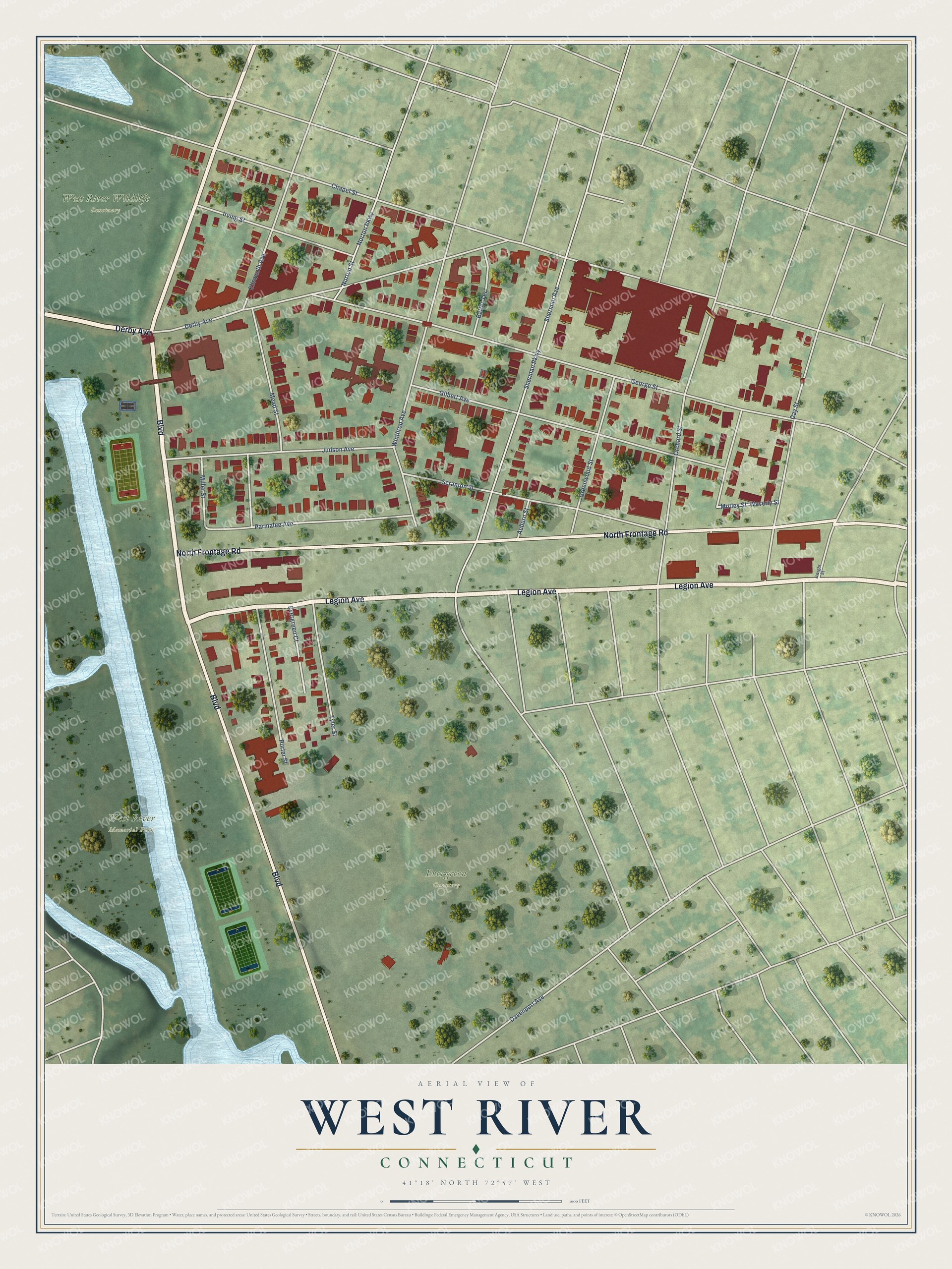 Full map of West River, Connecticut, with red buildings, printed street names and the land around them