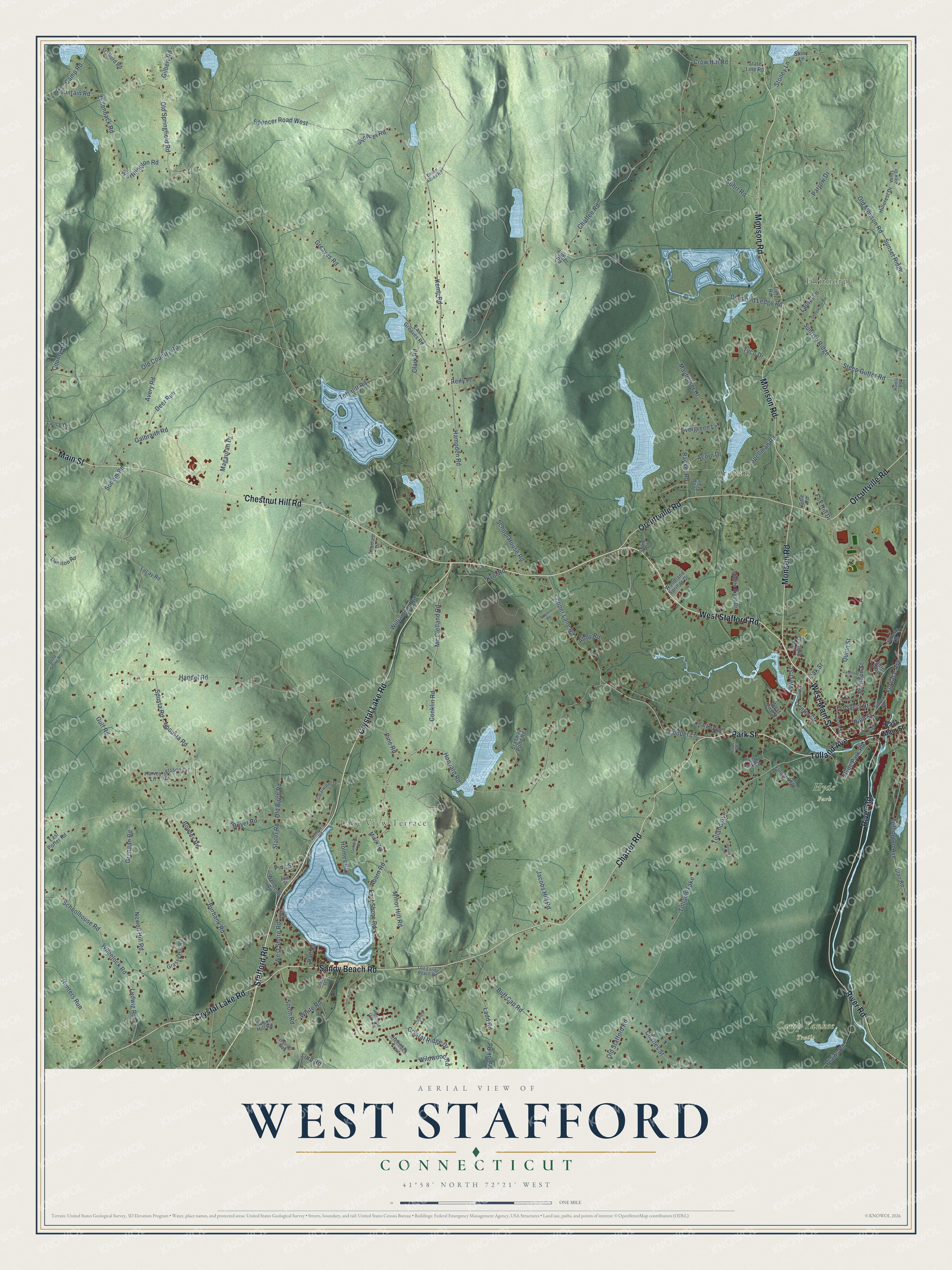 Full map of West Stafford, Connecticut, with red buildings, printed street names and the land around them