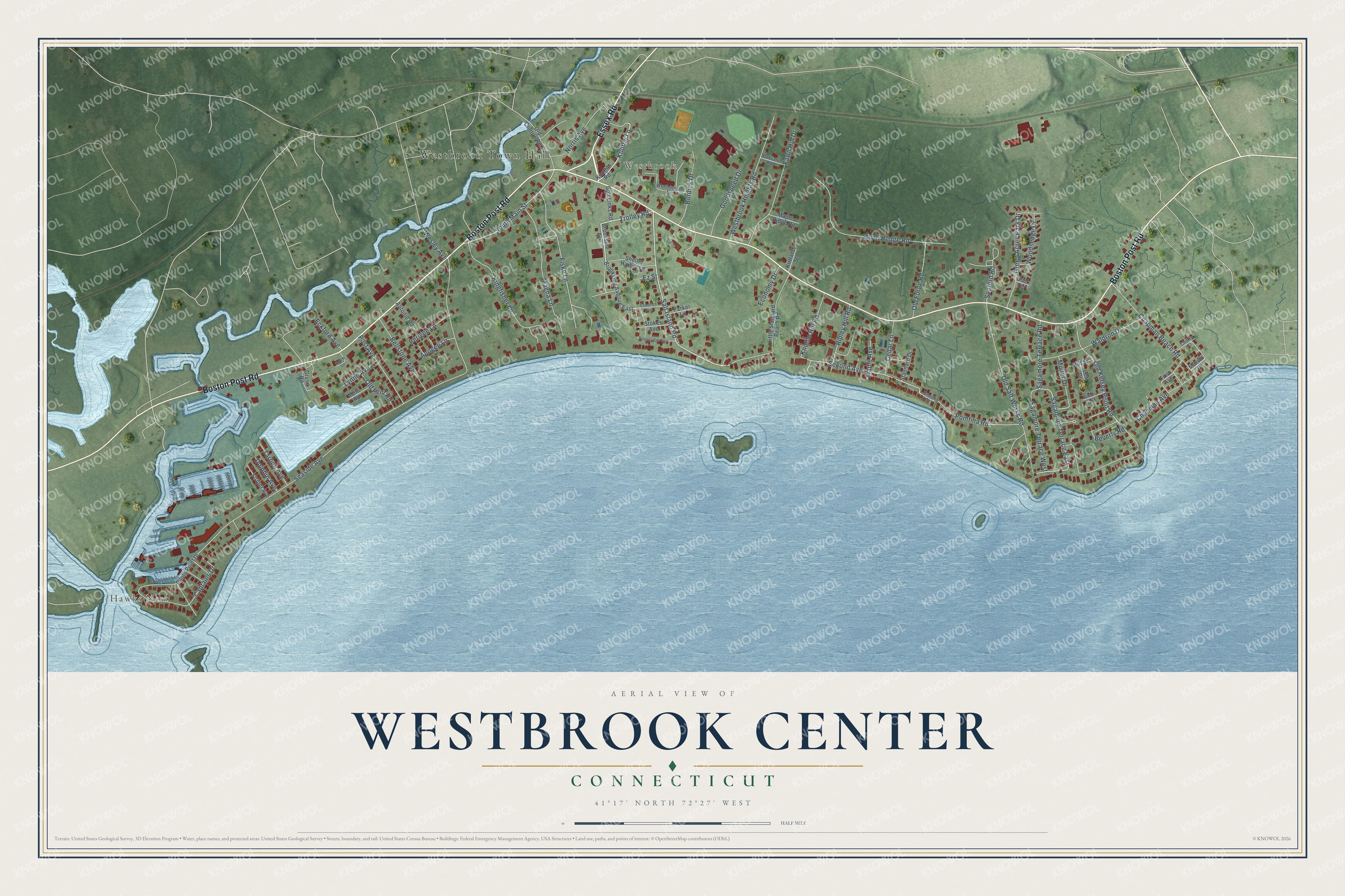 Full map of Westbrook Center, Connecticut, with red buildings, printed street names and the land around them
