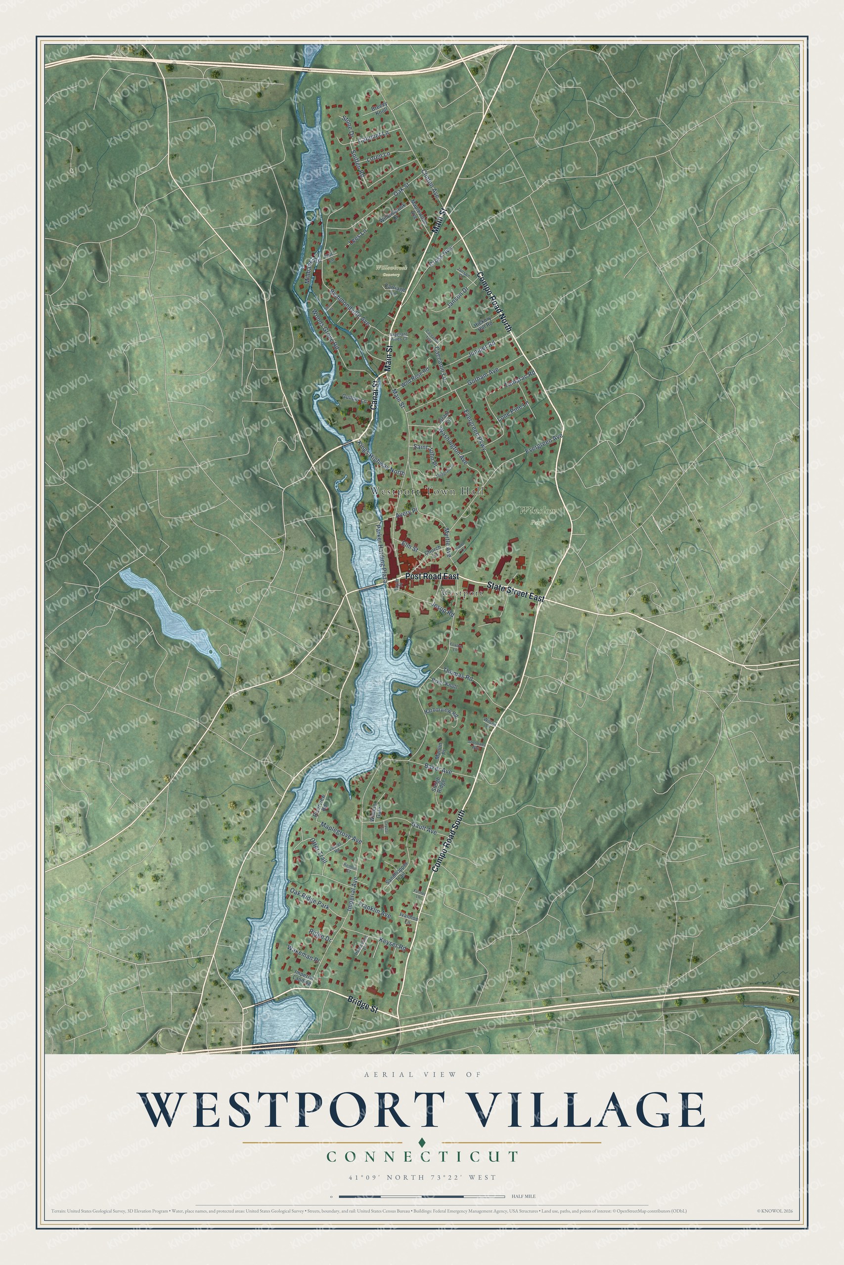 Full map of Westport Village, Connecticut, with red buildings, printed street names and the land around them