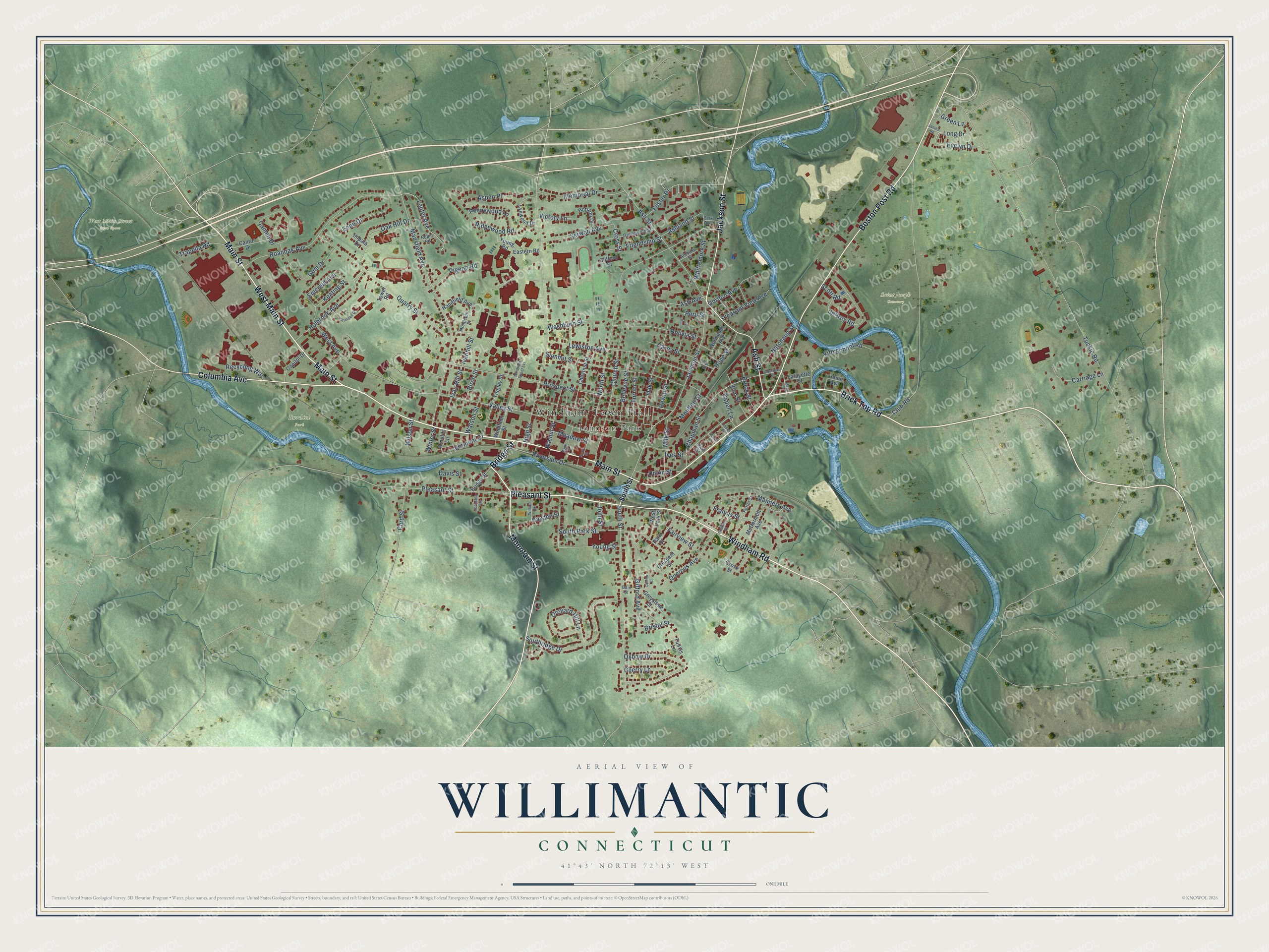 Full map of Willimantic, Connecticut, with red buildings, printed street names and the land around them