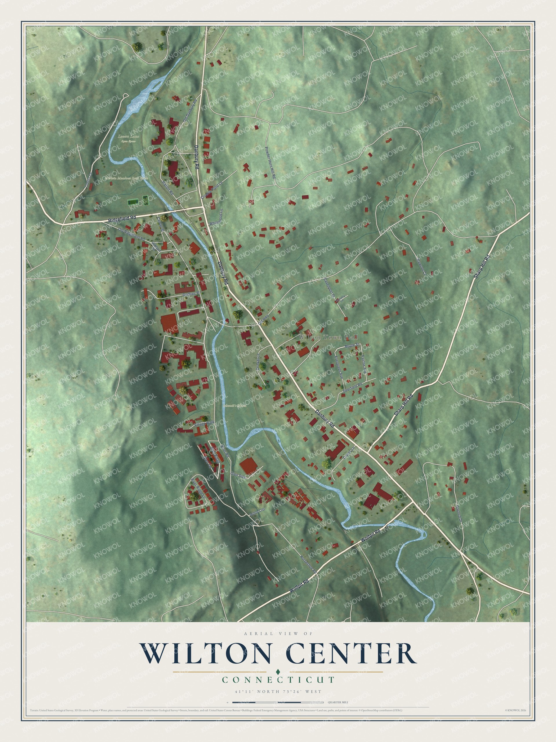 Full map of Wilton Center, Connecticut, with red buildings, printed street names and the land around them