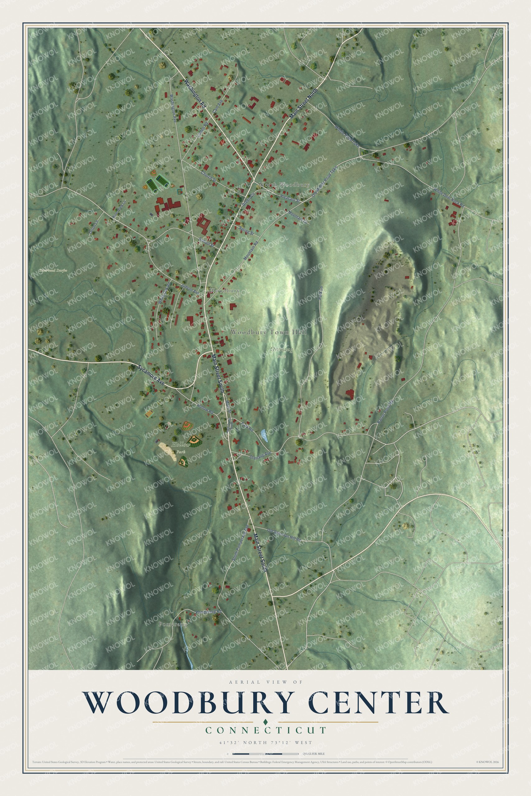 Full map of Woodbury Center, Connecticut, with red buildings, printed street names and the land around them