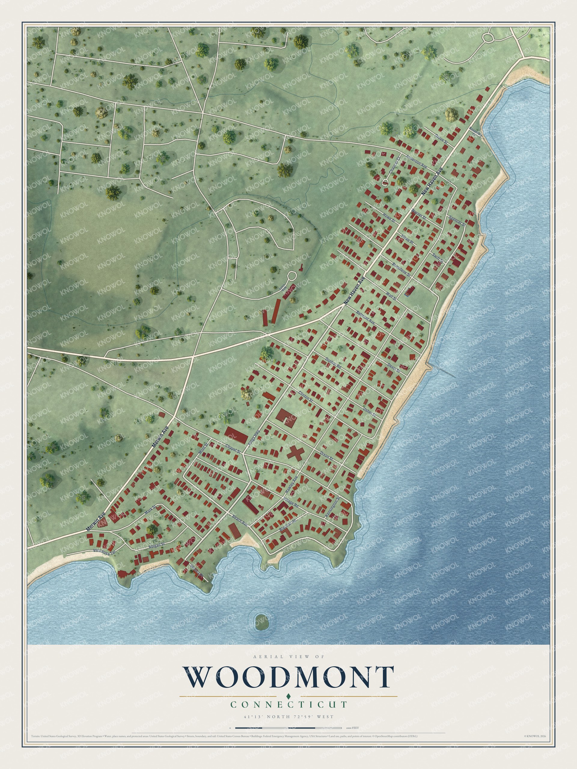 Full map of Woodmont, Connecticut, with red buildings, printed street names and the land around them