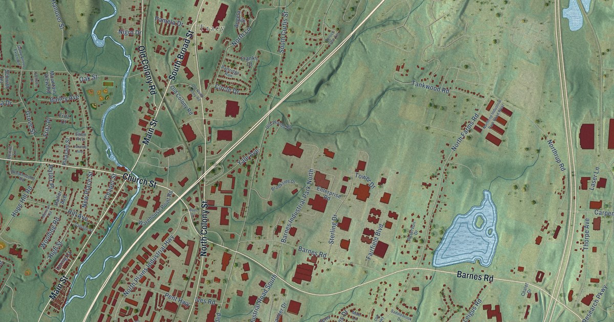 Close-up of streets and buildings in Yalesville, Connecticut