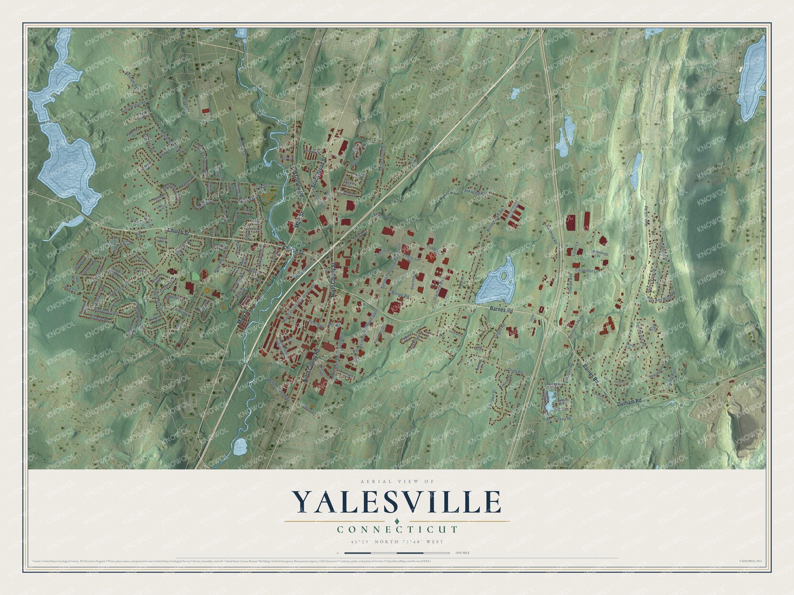 Full map of Yalesville, Connecticut, with red buildings, printed street names and the land around them