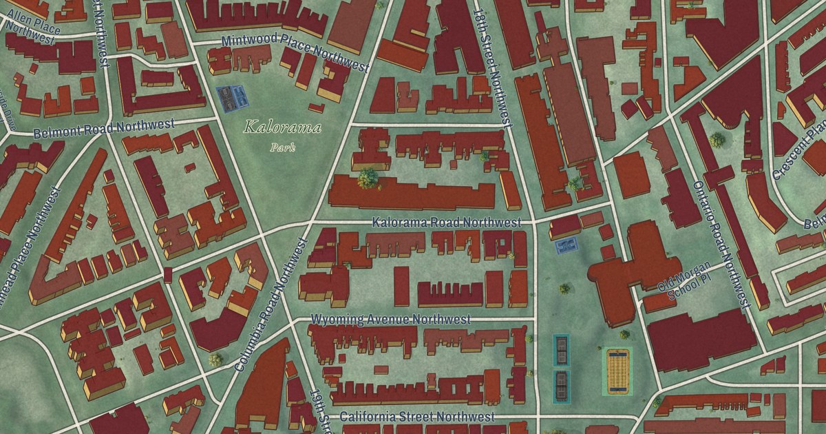 Close-up of streets and buildings in Adams Morgan, District of Columbia
