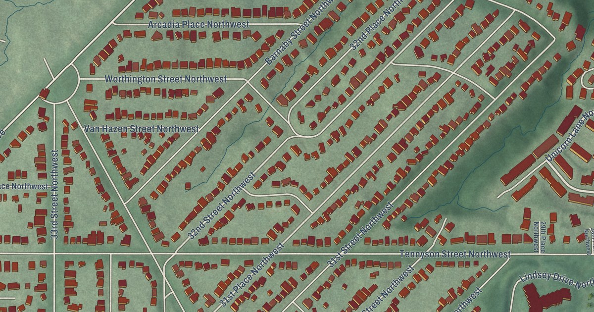 Close-up of streets and buildings in Barnaby Woods, District of Columbia