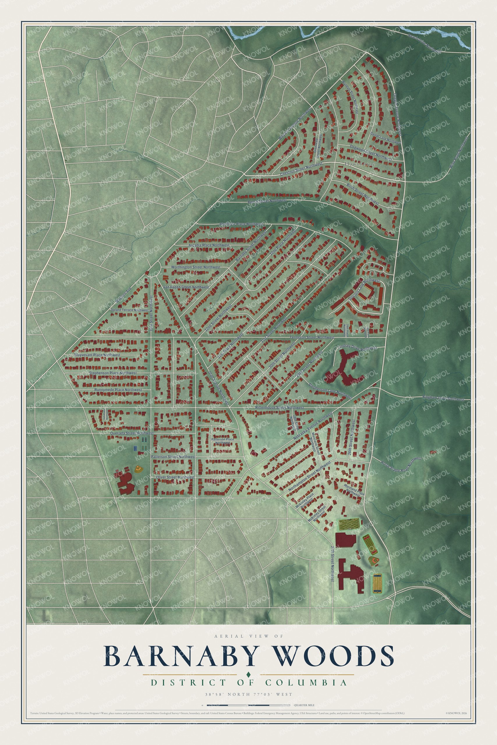 Full map of Barnaby Woods, District of Columbia, with red buildings, printed street names and the land around them