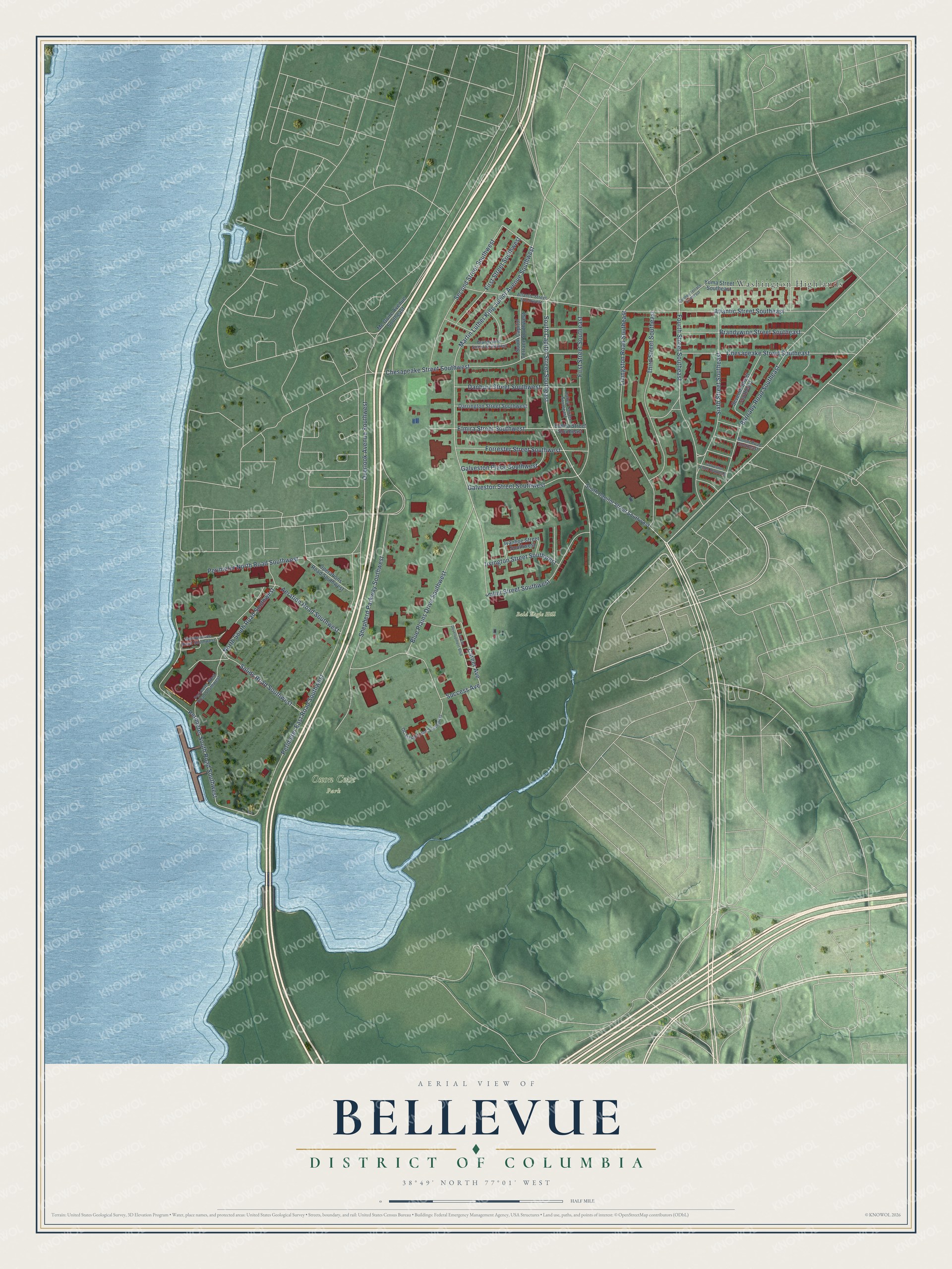 Full map of Bellevue, District of Columbia, with red buildings, printed street names and the land around them