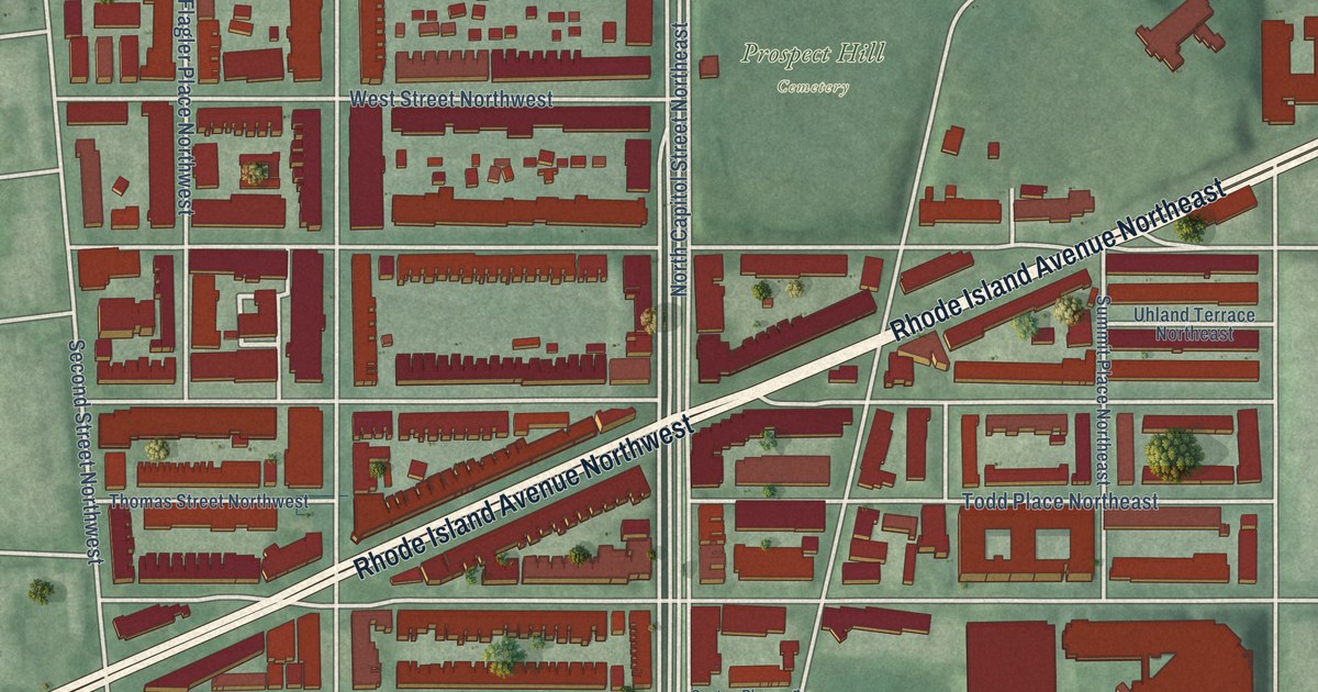 Close-up of streets and buildings in Bloomingdale, District of Columbia