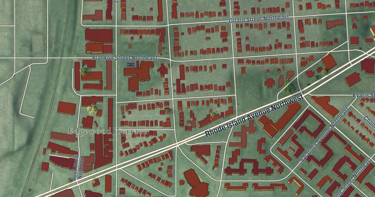 Close-up of streets and buildings in Brentwood, District of Columbia