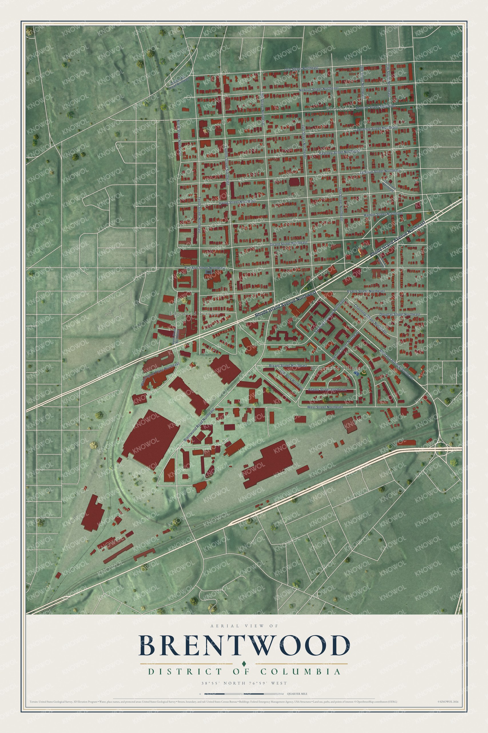 Full map of Brentwood, District of Columbia, with red buildings, printed street names and the land around them