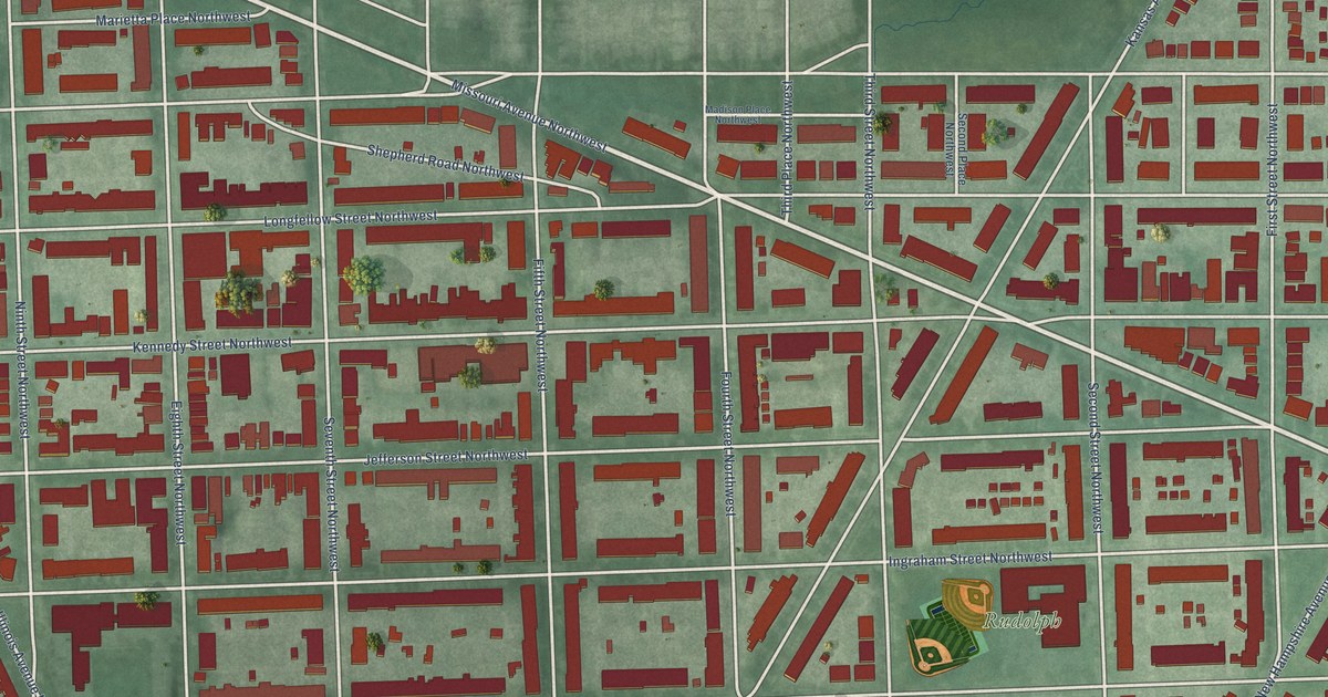 Close-up of streets and buildings in Brightwood Park, District of Columbia