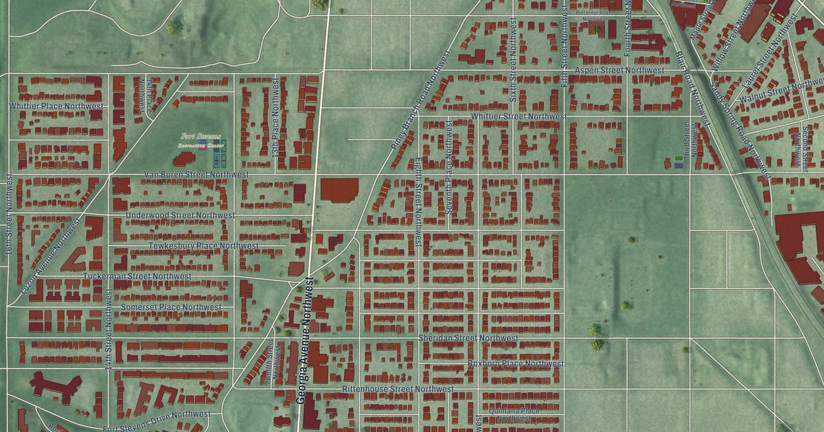 Close-up of streets and buildings in Brightwood, District of Columbia