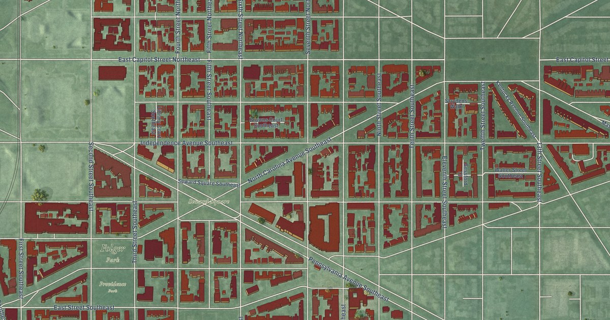 Close-up of streets and buildings in Capitol Hill, District of Columbia