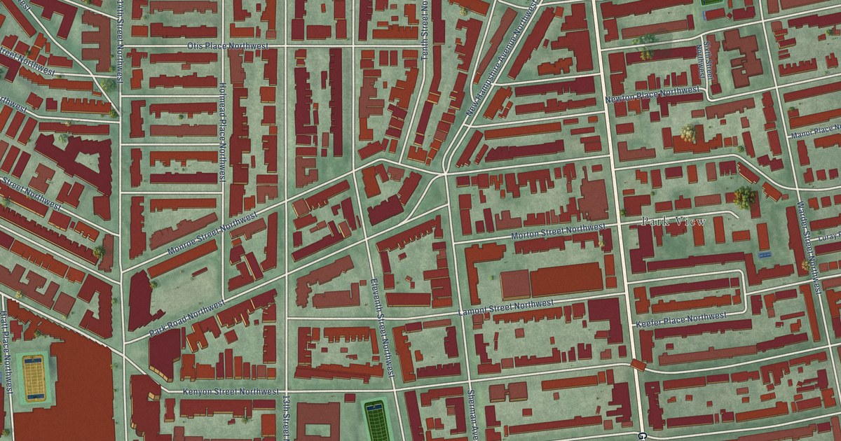 Close-up of streets and buildings in Columbia Heights, District of Columbia