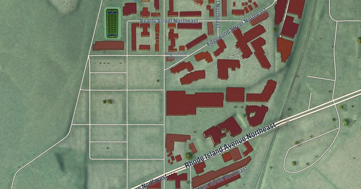 Close-up of streets and buildings in Edgewood, District of Columbia