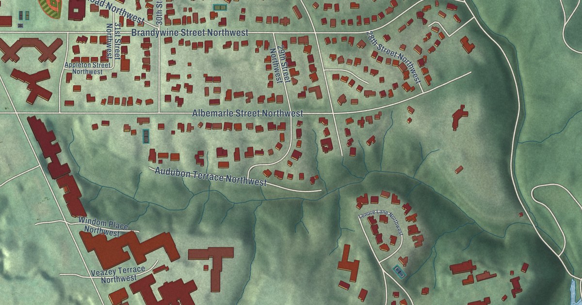 Close-up of streets and buildings in Forest Hills, District of Columbia