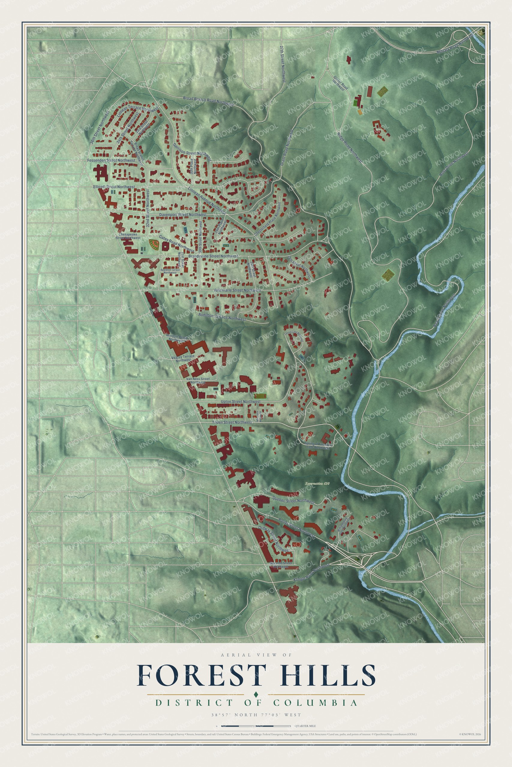 Full map of Forest Hills, District of Columbia, with red buildings, printed street names and the land around them